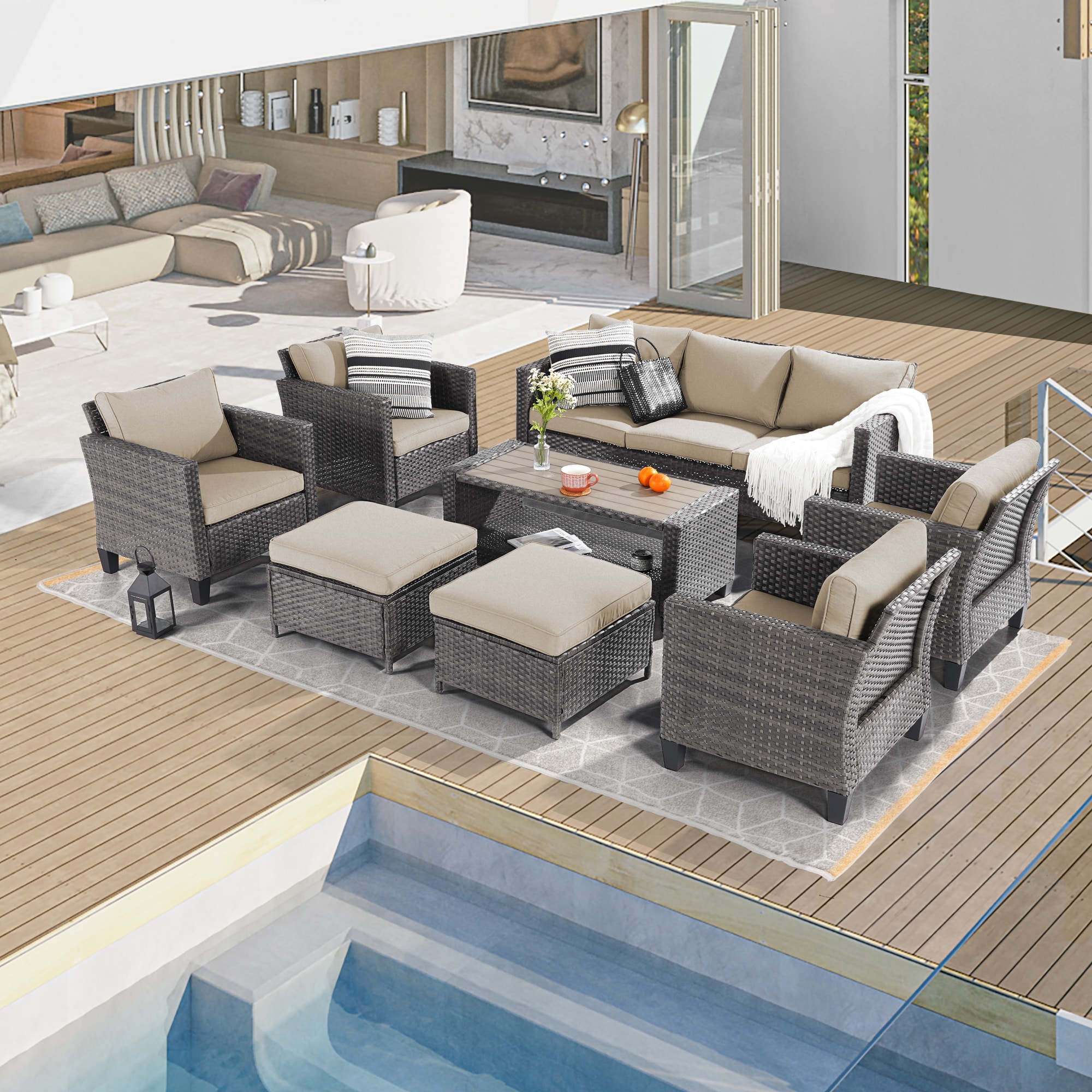 ACEGOSES LW-ST21-115HBG Skytop 8 -Piece Wicker Patio Sofa Conversation Set with Cream Cushions