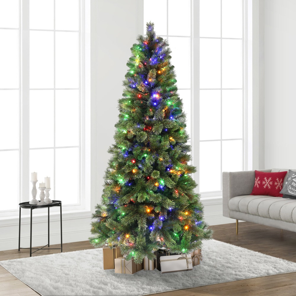 Puleo International 7.5-ft Pine Pre-lit Artificial Christmas Tree with ...