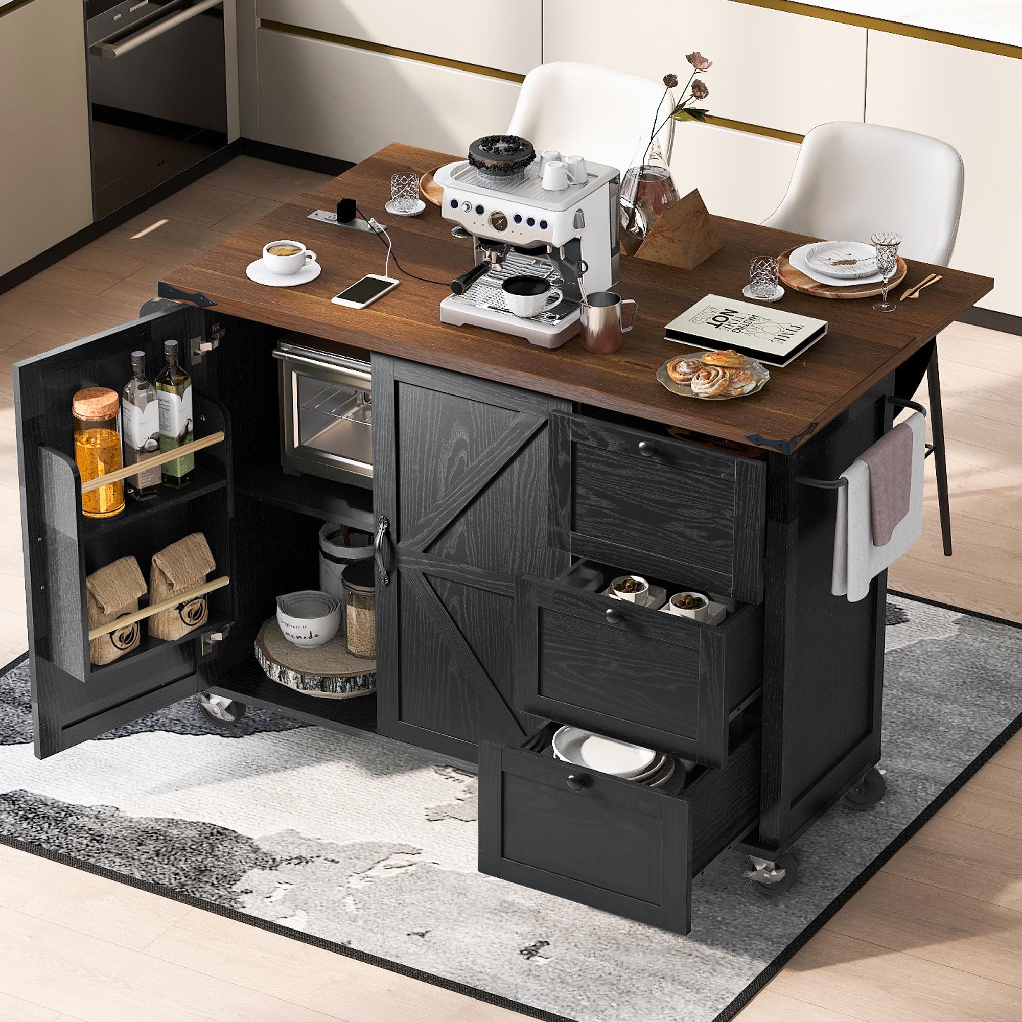 Bayfeve Kitchen Island with Drop Leaf, Kitchen Storage Cart with 3 Tier Pull Out Cabinet Organizer, Internal Storage Rack, Rolling Kitchen Cart on Wheels with Towel Rack, 2 Drawers, for Kitchen, Black