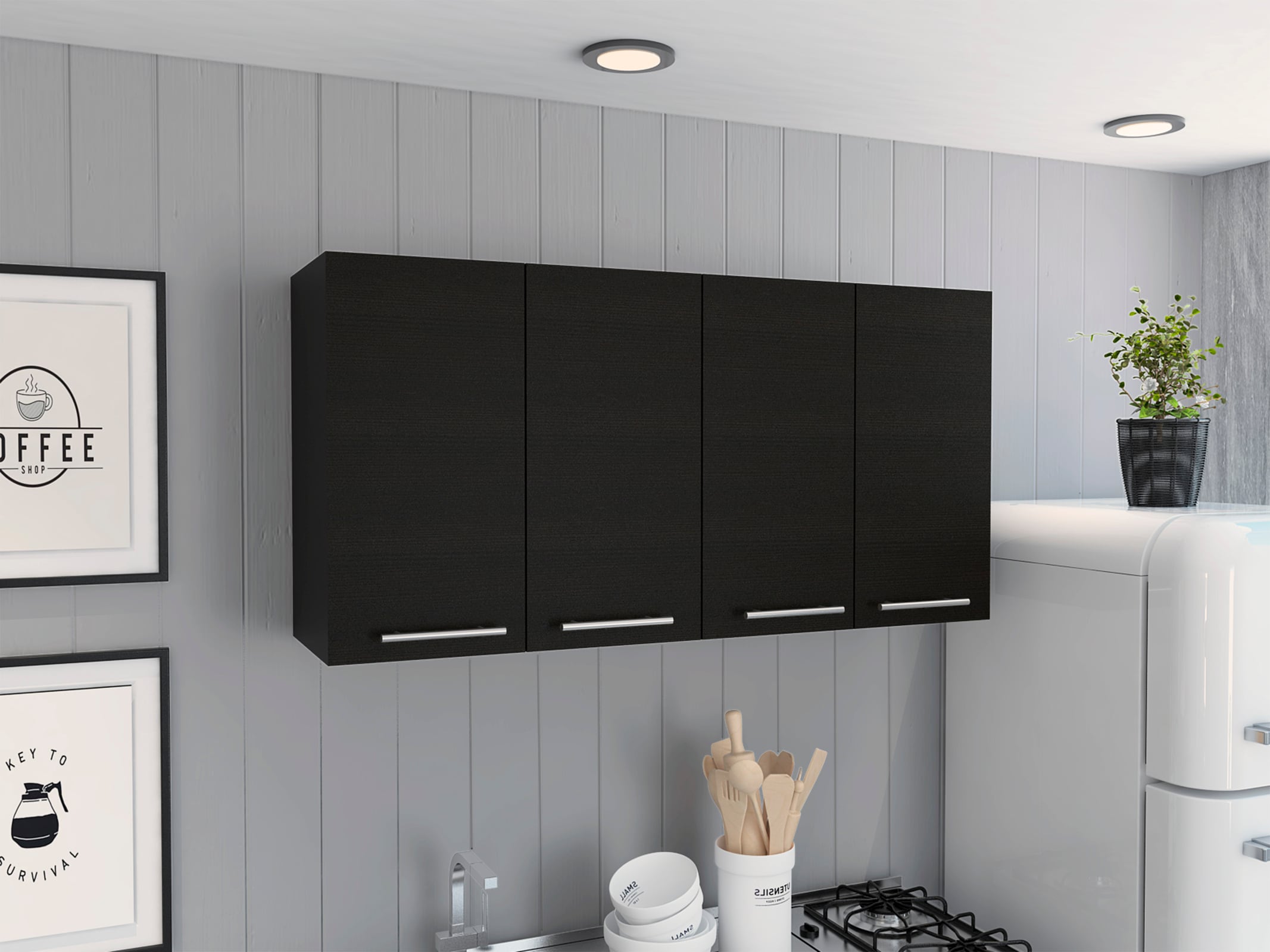 CHITA Modern Wall Storage Cabinet with 4 Doors 2 Shelves Wall Mounted for Living Room Bedroom Hallway Entryway and Organized Home Storage Black