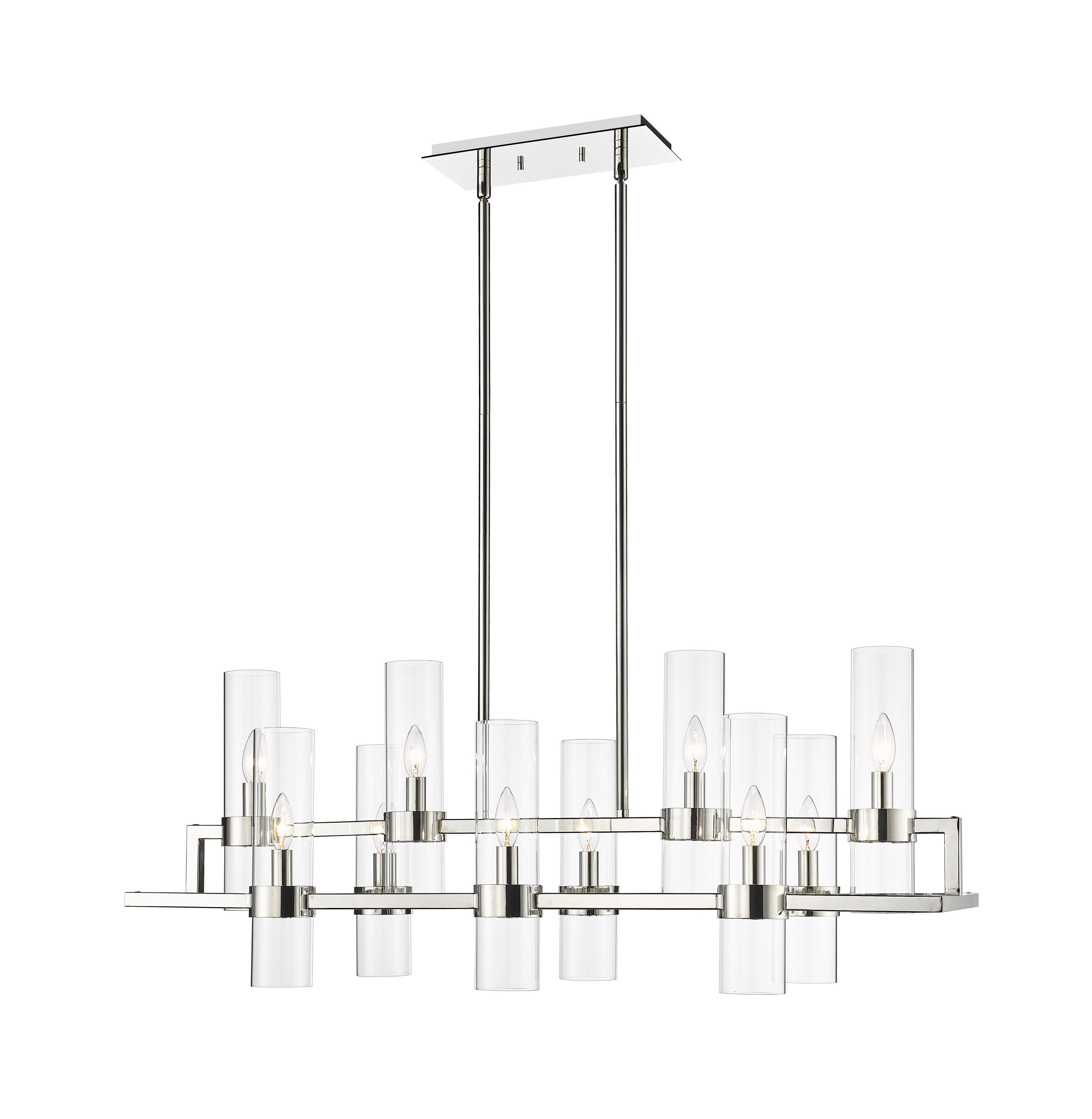Polished Nickel 10-Light Chandelier with Clear Glass Cylinders