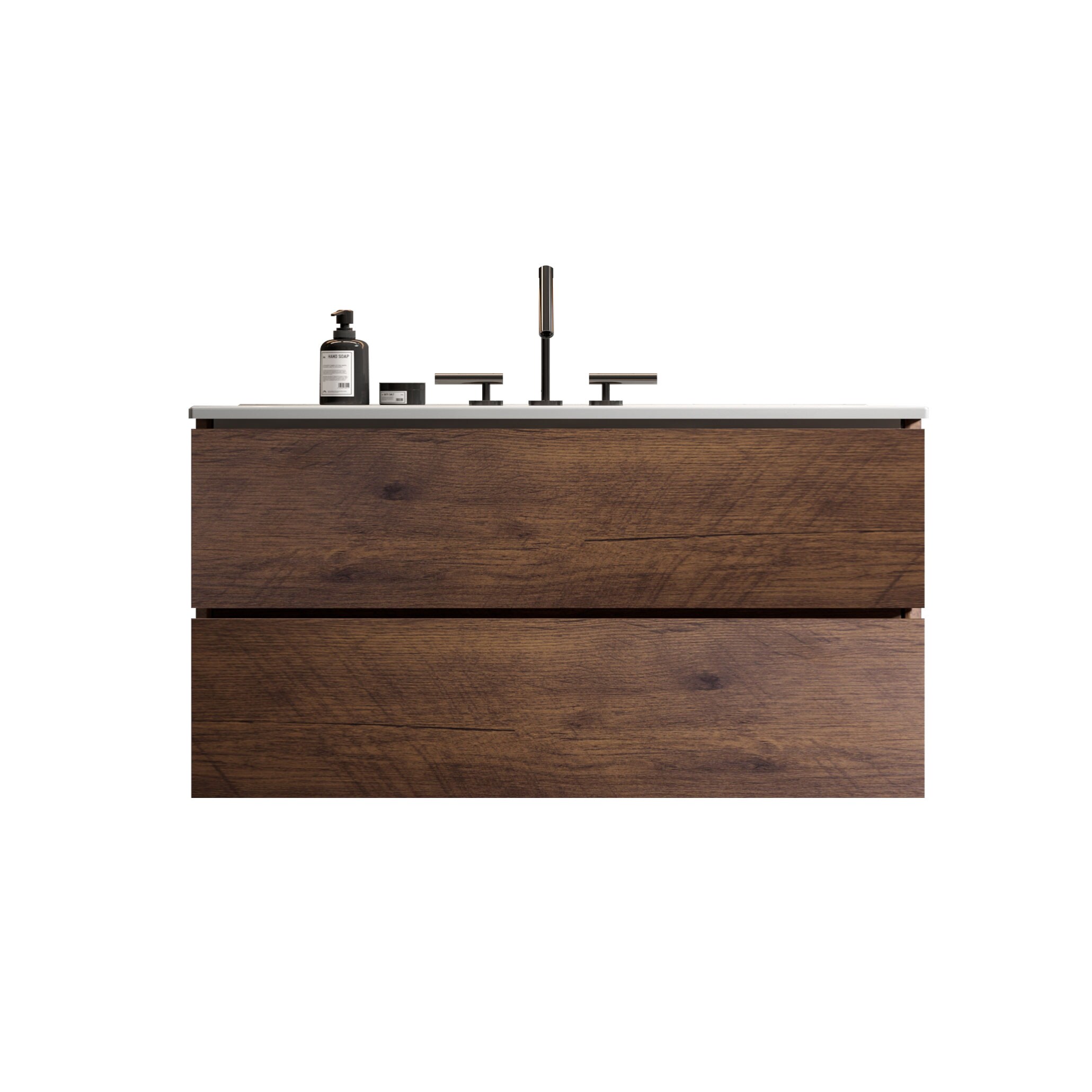 LUXEYARD TIA 36in Wall Mount Walnut Bathroom Vanity with Ceramic Sink with Three Faucet Holes Large Storage Floating Bathroom Vanity for Modern Bathroom Pre-assembled