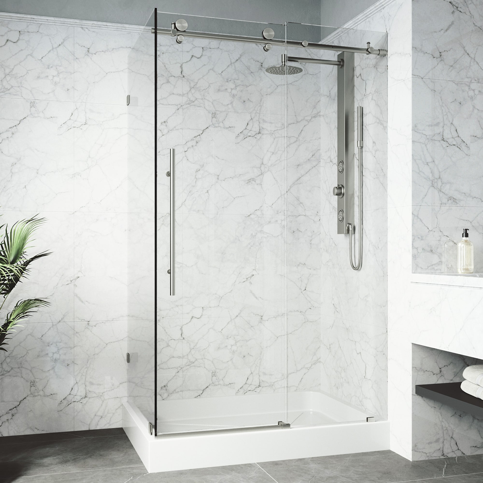 VIGO VG6053STCL48WR Elan E-Class 2 -Piece 48-in W x 36-in L x 82-in H Rectangular Corner shower kit ( Right Drain) Base and Door Included Brushed stainless steel Hardware Included