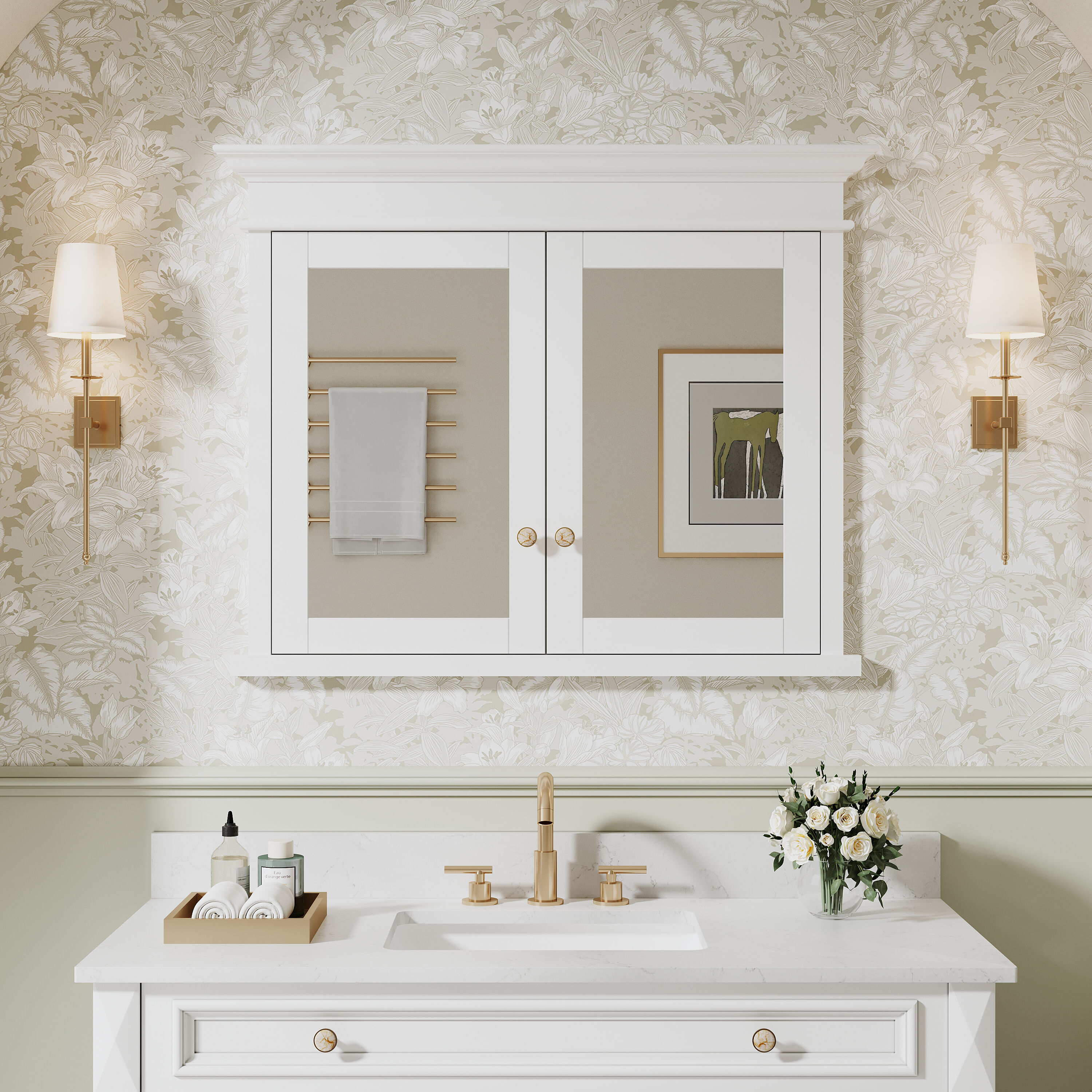 Ayelon Cabinet 40-in x 32-in Recessed Mount White Mirrored Rectangle Soft Close Medicine Cabinet