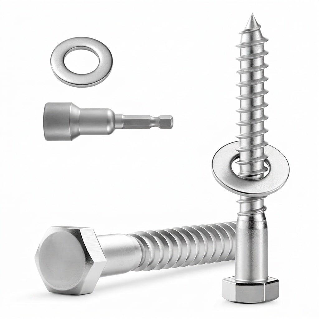 Etokfoks  6 Set 3 8 in x 4 in Stainless Steel Hex Head Lag Screws with Flat Washers and Driver Bit for Wood