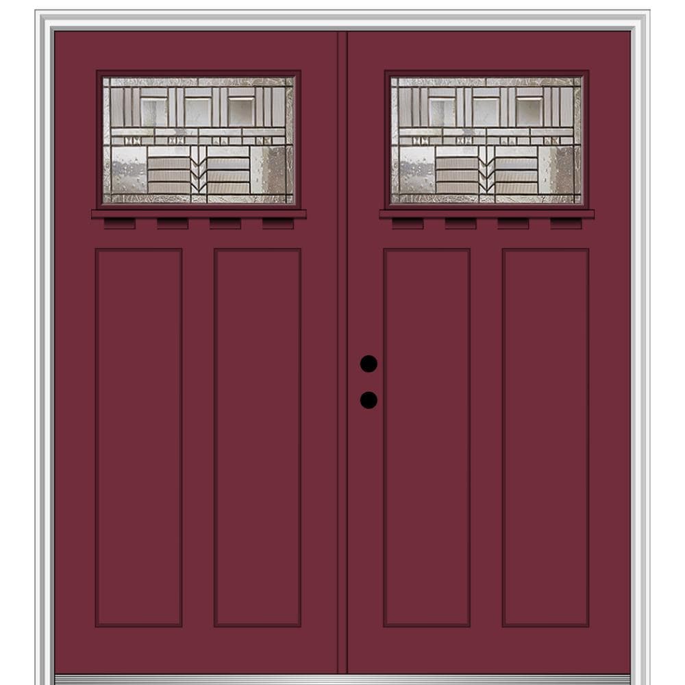 MMI DOOR ZZ3664992R 64-in x 80-in x 4-9/16-in Fiberglass Craftsman Right-hand inswing Burgundy Painted Prehung Double Front Door with Brickmould Insulating core