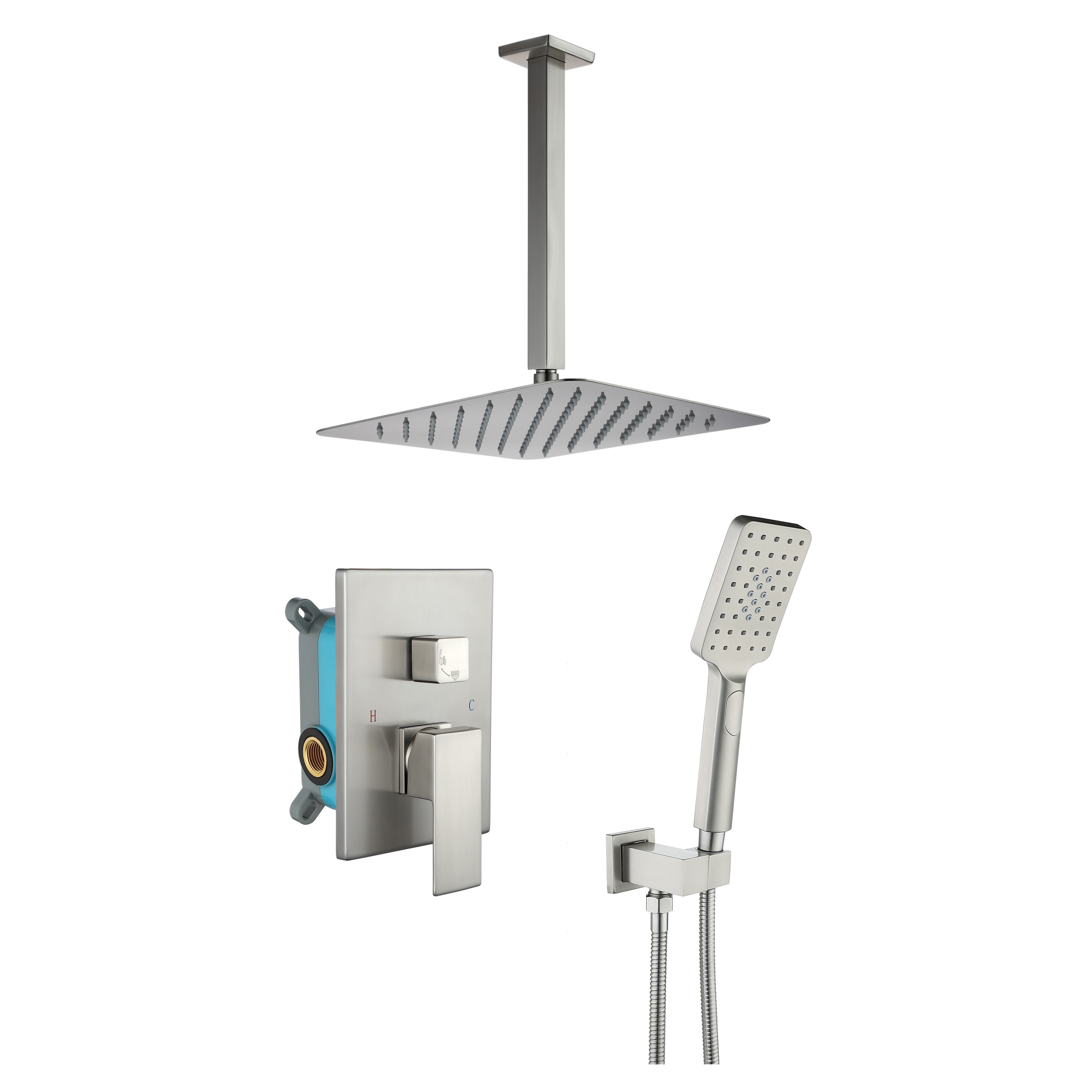 WELLFOR DTG-808S12MB CZ Shower System with Bathtub Filler Brushed Nickel 1-handle Multi-head 12 Square Shower Faucet with Valve