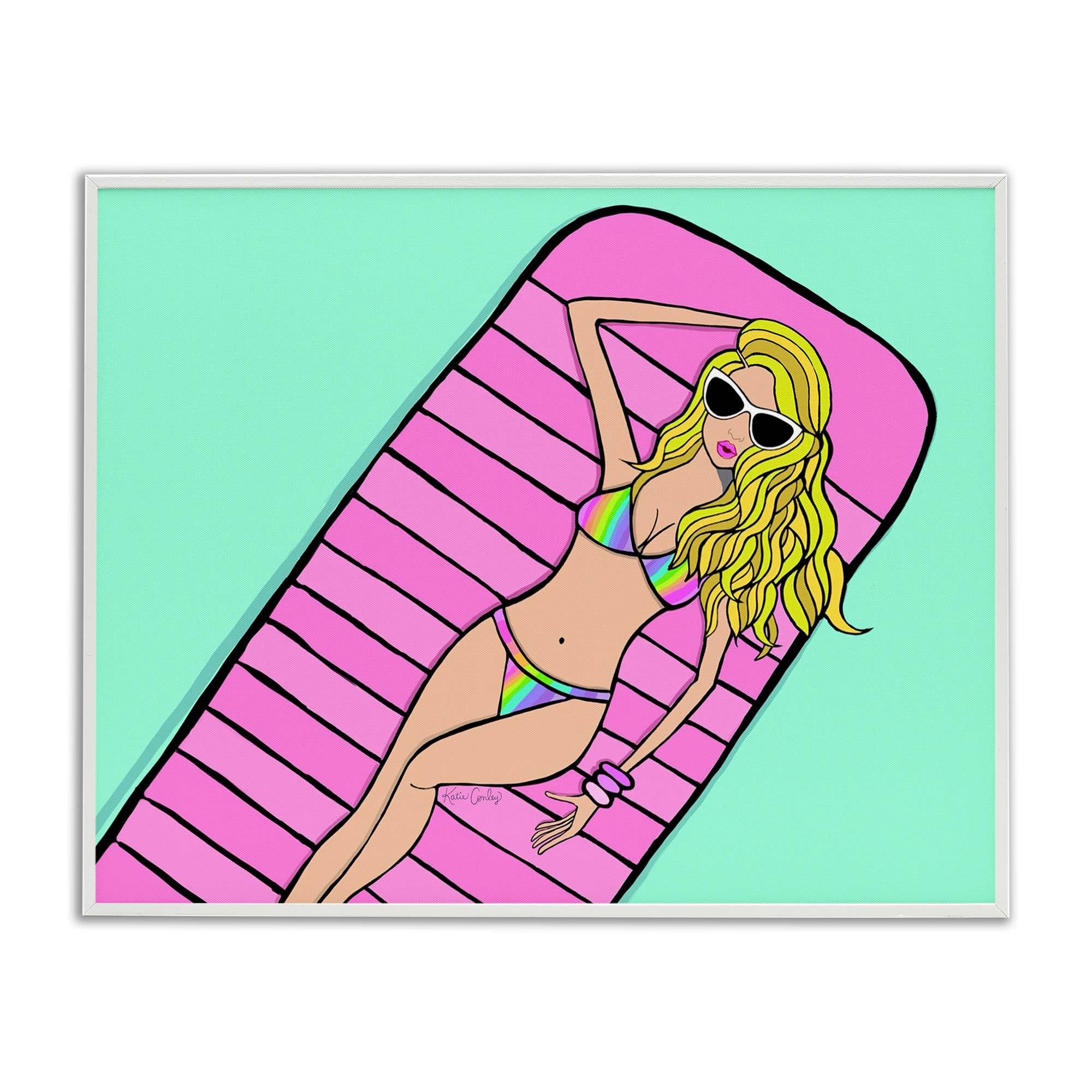 Stupell Industries BS-748-WFR-11X14 Trendy Girl on Pool Float White Framed Giclee Art By Katie Conley 14 x 11