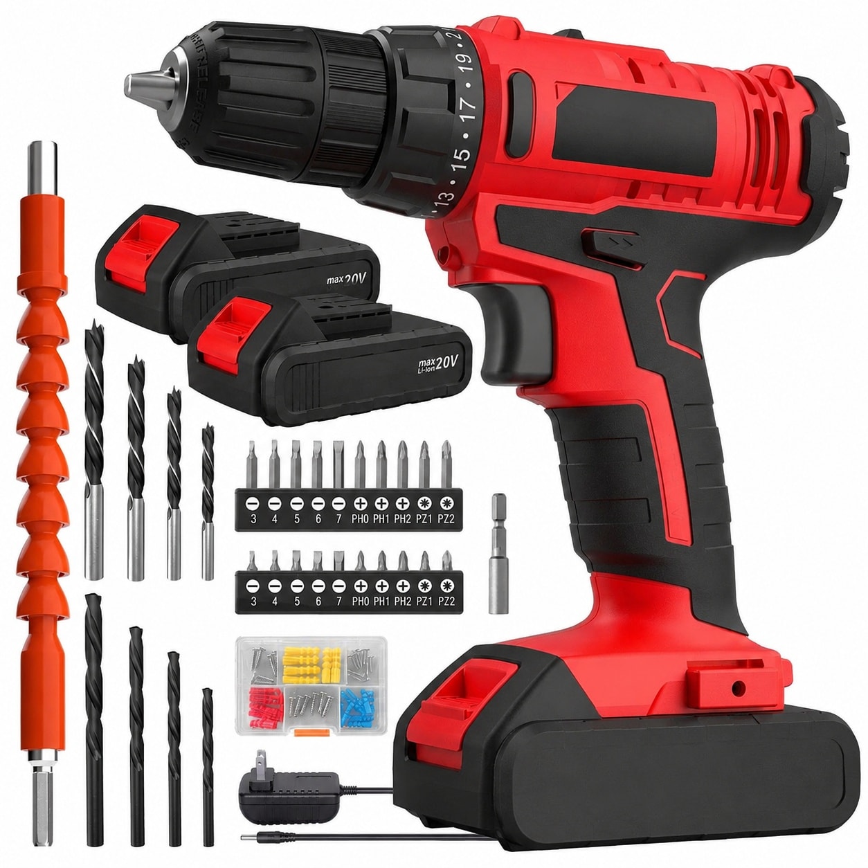 Linder Group Inc 20V Cordless Drill Driver Kit with 30Nm Torque 2 Speeds 3 8 Inch Keyless Chuck LED Light 21 Plus 1 Settings for Home Use Red Includes Charger #L3NN3SRC