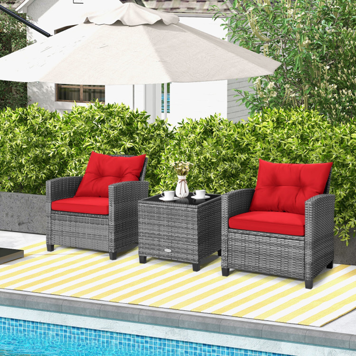 Mondawe 214RE-HY 3 -Piece Rattan Patio Conversation Set with Red Cushions