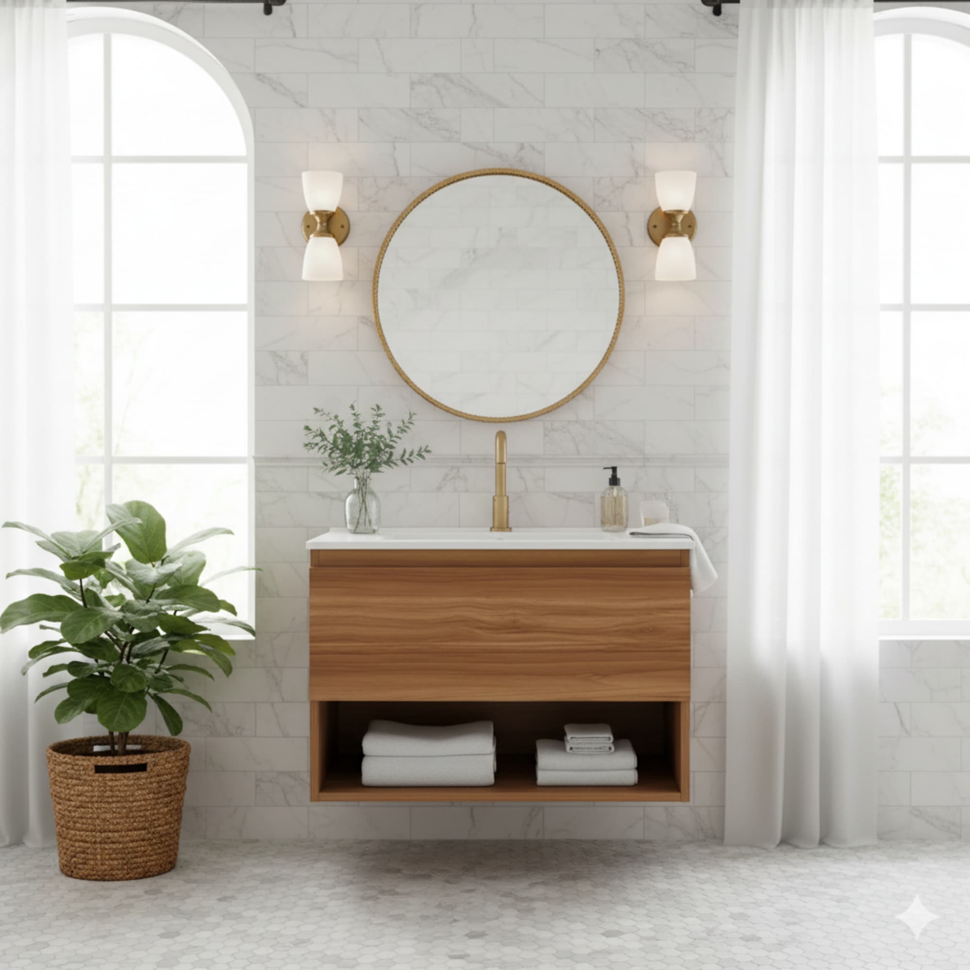 Lirago - 24 inch Bathroom Vanity Cabinet with Ceramic Sink Walnut Wall Mounted Floating Fluted Va...