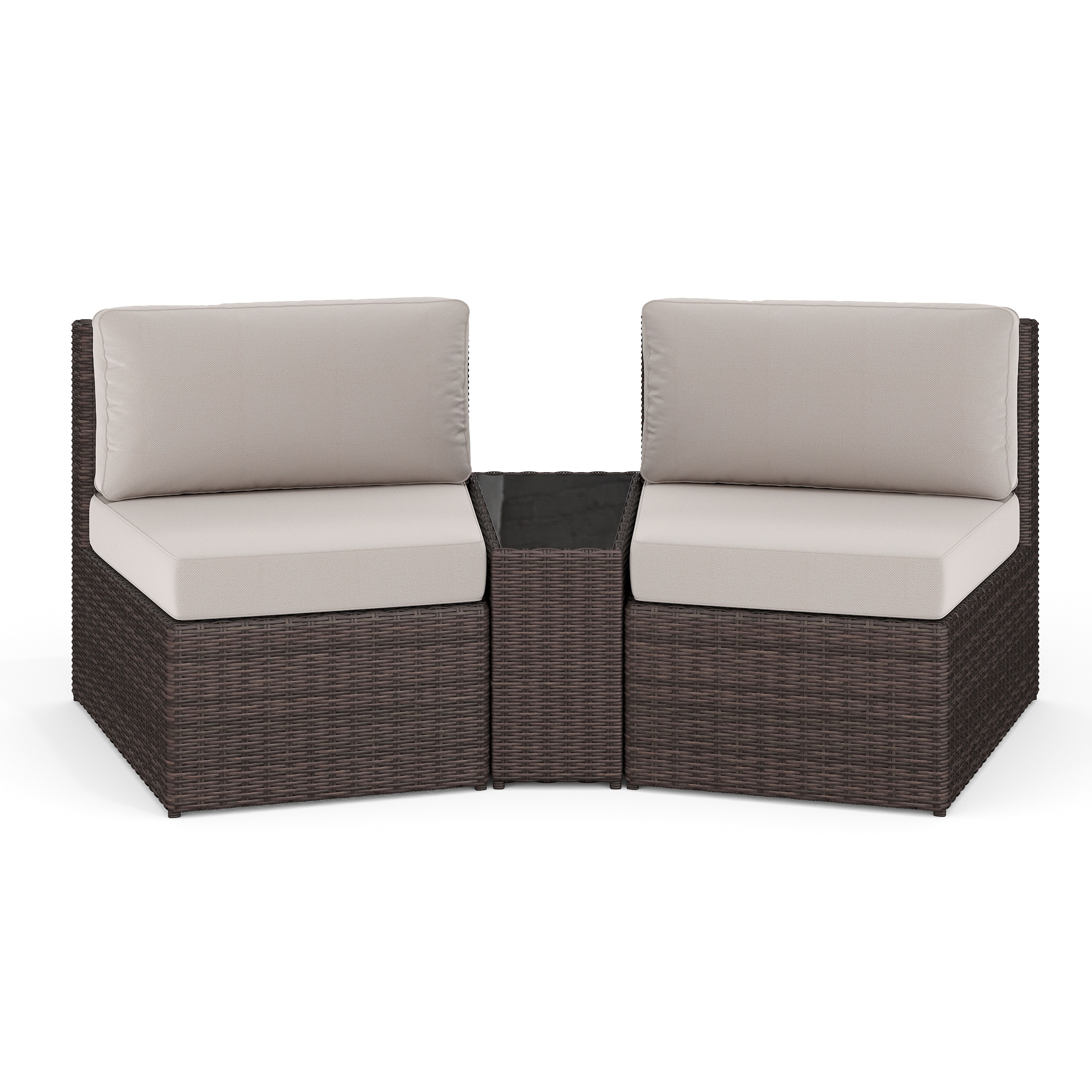 Martha Stewart 196861191459 Bedford Set of 2 Indoor-Outdoor Modular Patio Curved Sectional Sofa Seats and Side Table in Brown Rattan Wicker with Tan All-Weather Cushions