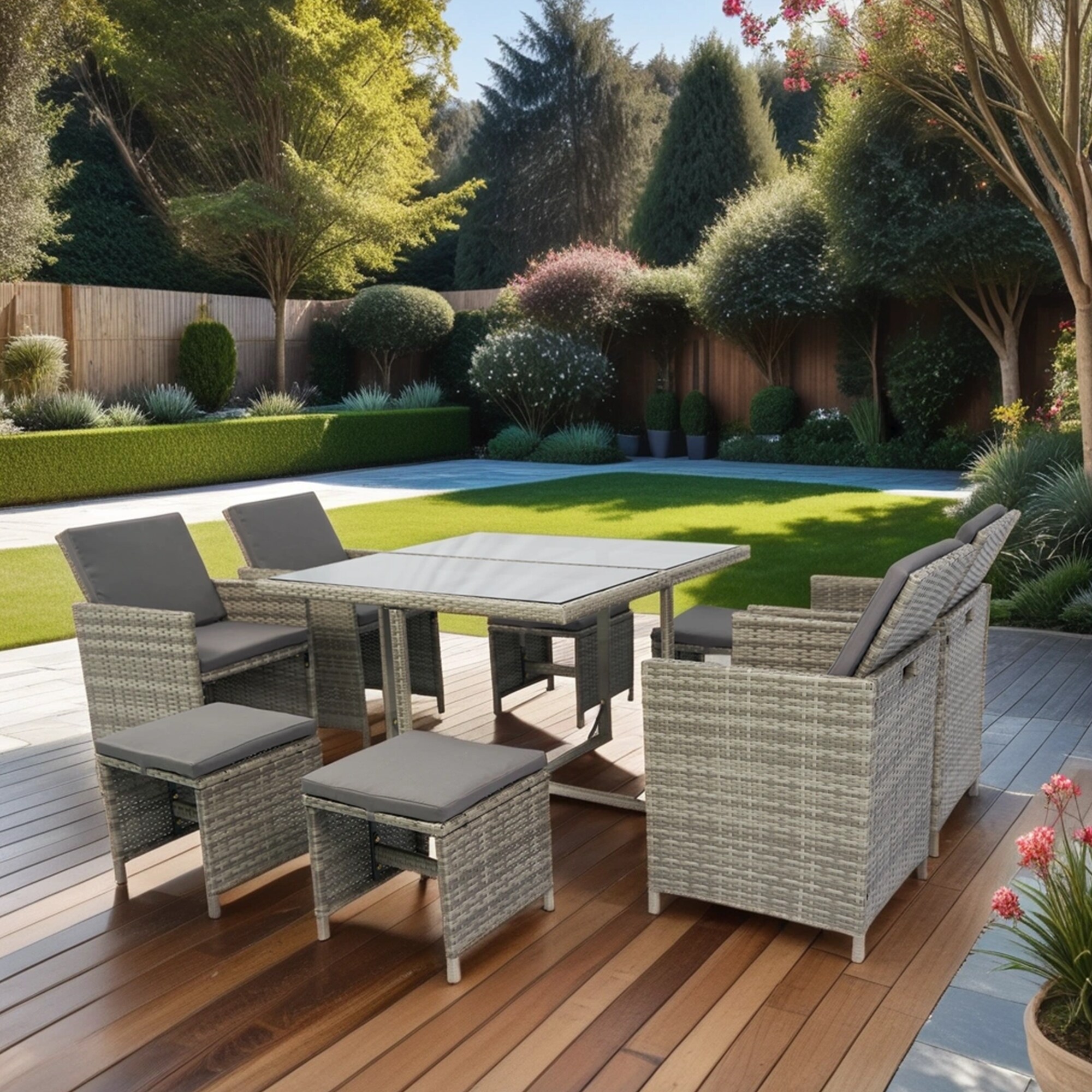 Mondawe MA-GCABQ-HAL3B 9 -Piece Gray Rattan Patio Dining Set Rattan Square Table with 4 Gray Cushions Stackable Stationary Chairs