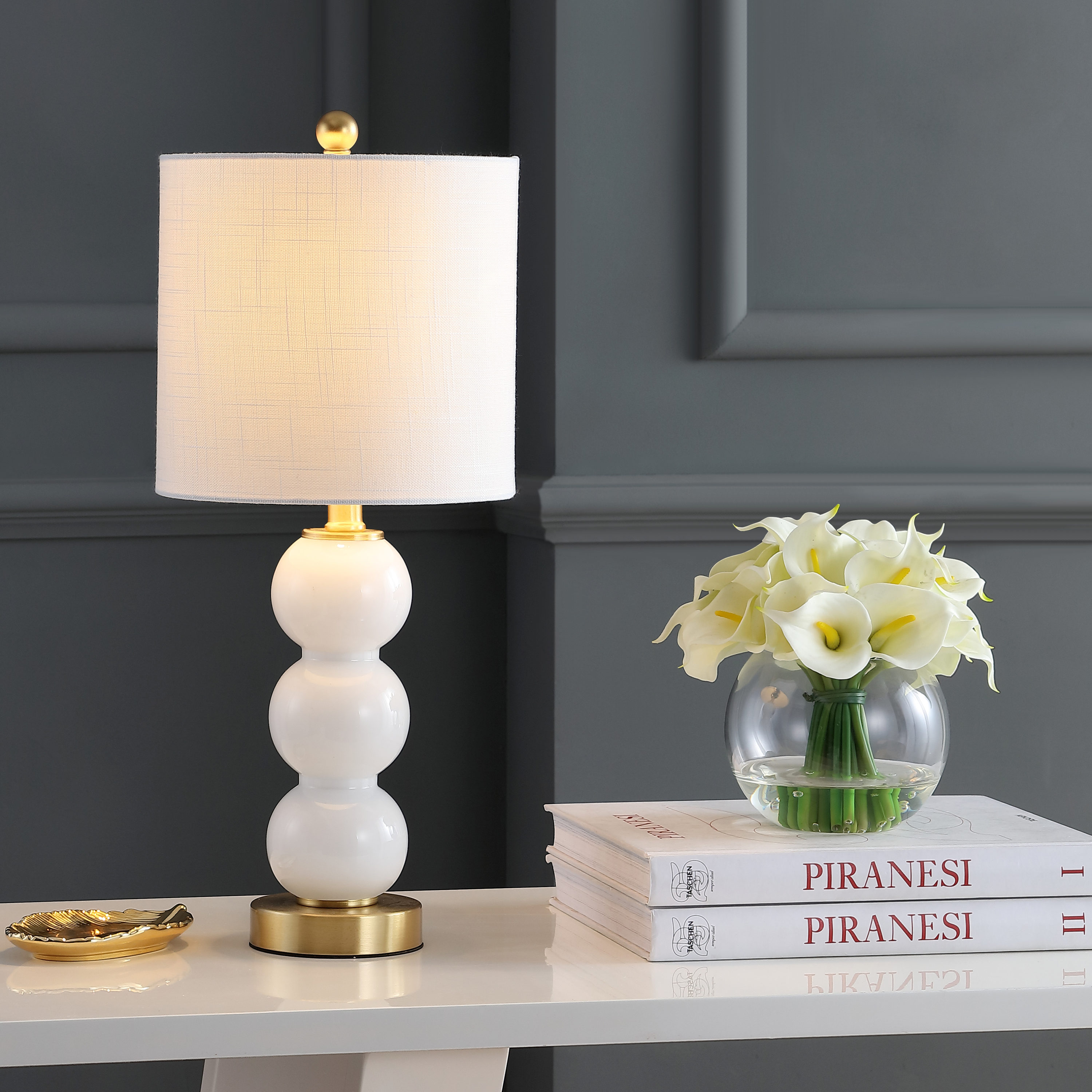 JONATHAN  Y JYL1021A February Glass/Metal Contemporary 21-in White/Brass Gold LED Incandescent Rotary socket Table Lamp with Linen Shade