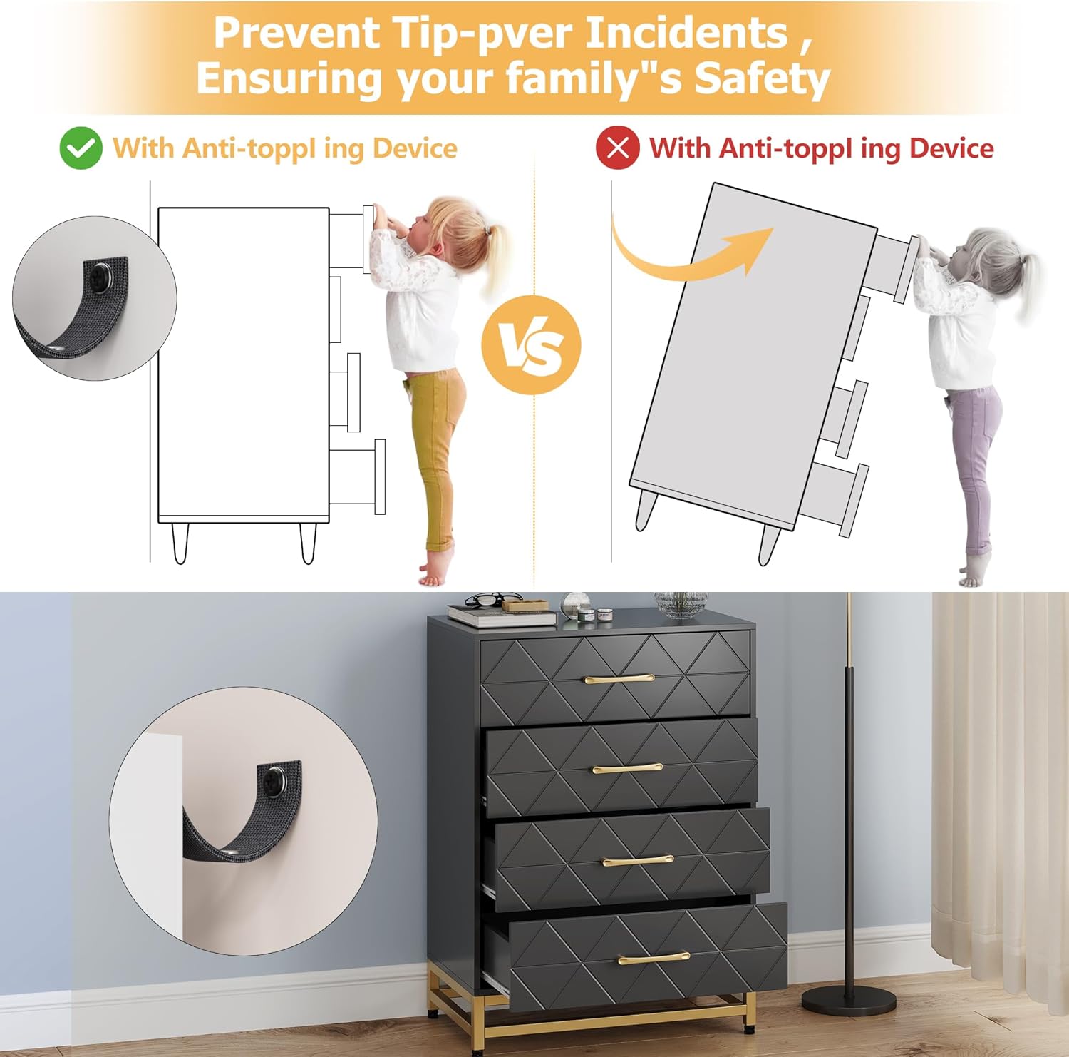 WhizMax MIE-PHO-0ZO8E6SS Wooden 4 Drawer Bedroom Dresser Compact Chest With Modern Metal Handles Durable Mdf Construction Elegant Textured Finish For Clothes Storage Organization Stylish Practical Design Black