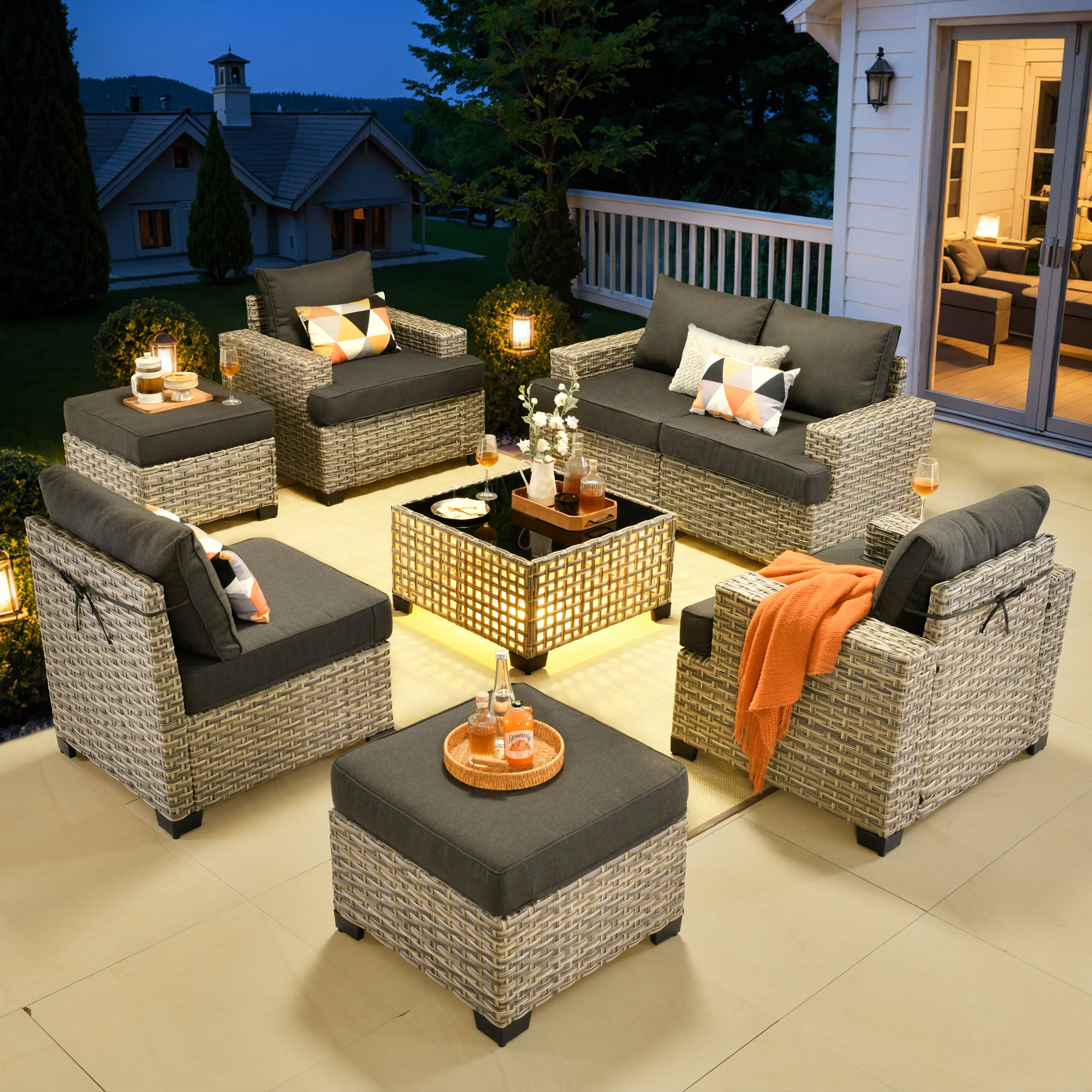 Ovios TS107T 8 -Piece Wicker Patio Conversation Set with Black Cushions