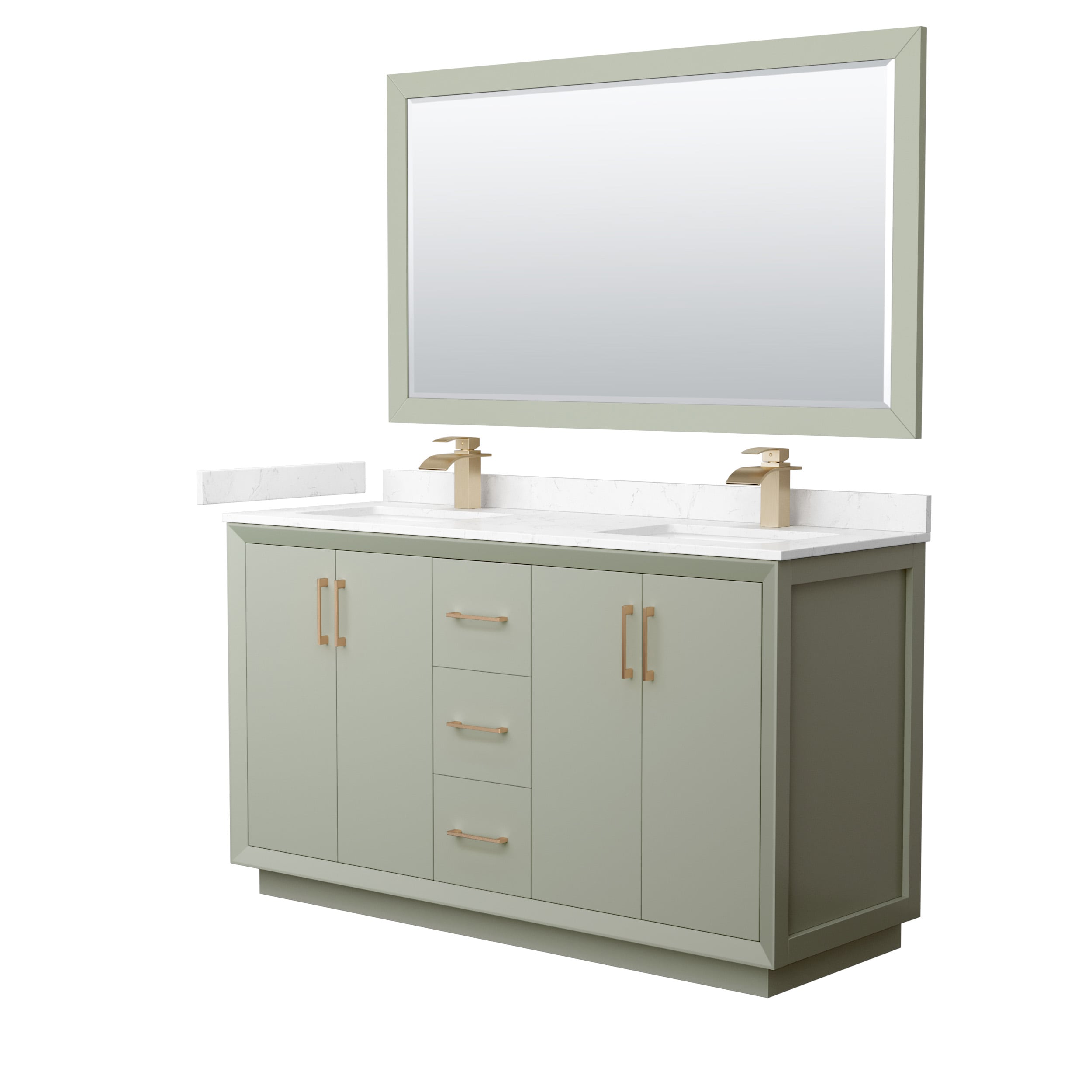 Wyndham Collection WCF414160DLZC2UNSM58 Strada 60-in Light Green with Satin Bronze Trim Undermount Double Sink Bathroom Vanity with Carrara Cultured Marble Top (Mirror Included)