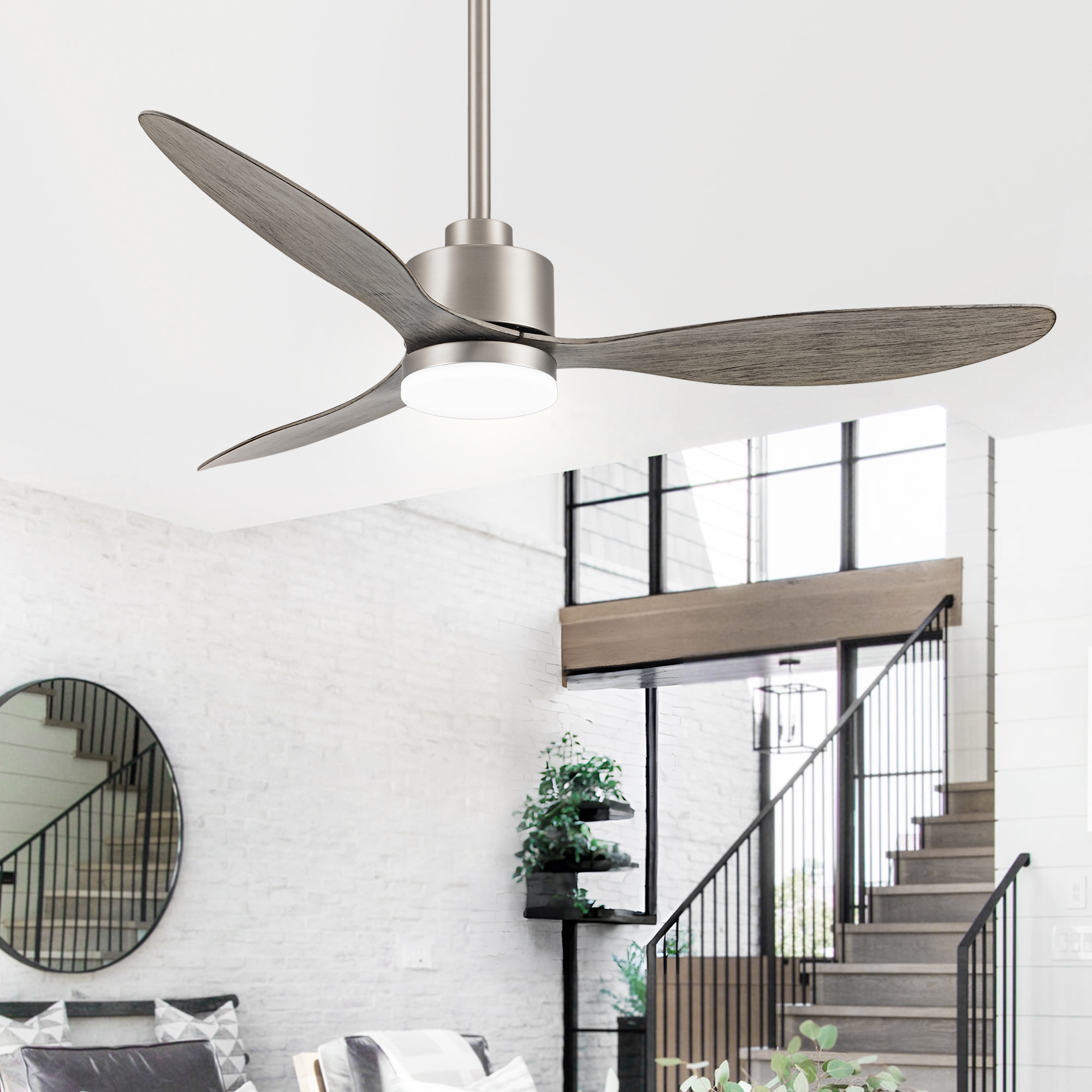 Breezary 52-in Satin Nickel with Abs Blades Color-changing Integrated LED Indoor/Outdoor Propeller Ceiling Fan with Light and Remote (3-Blade) -  30007-SN