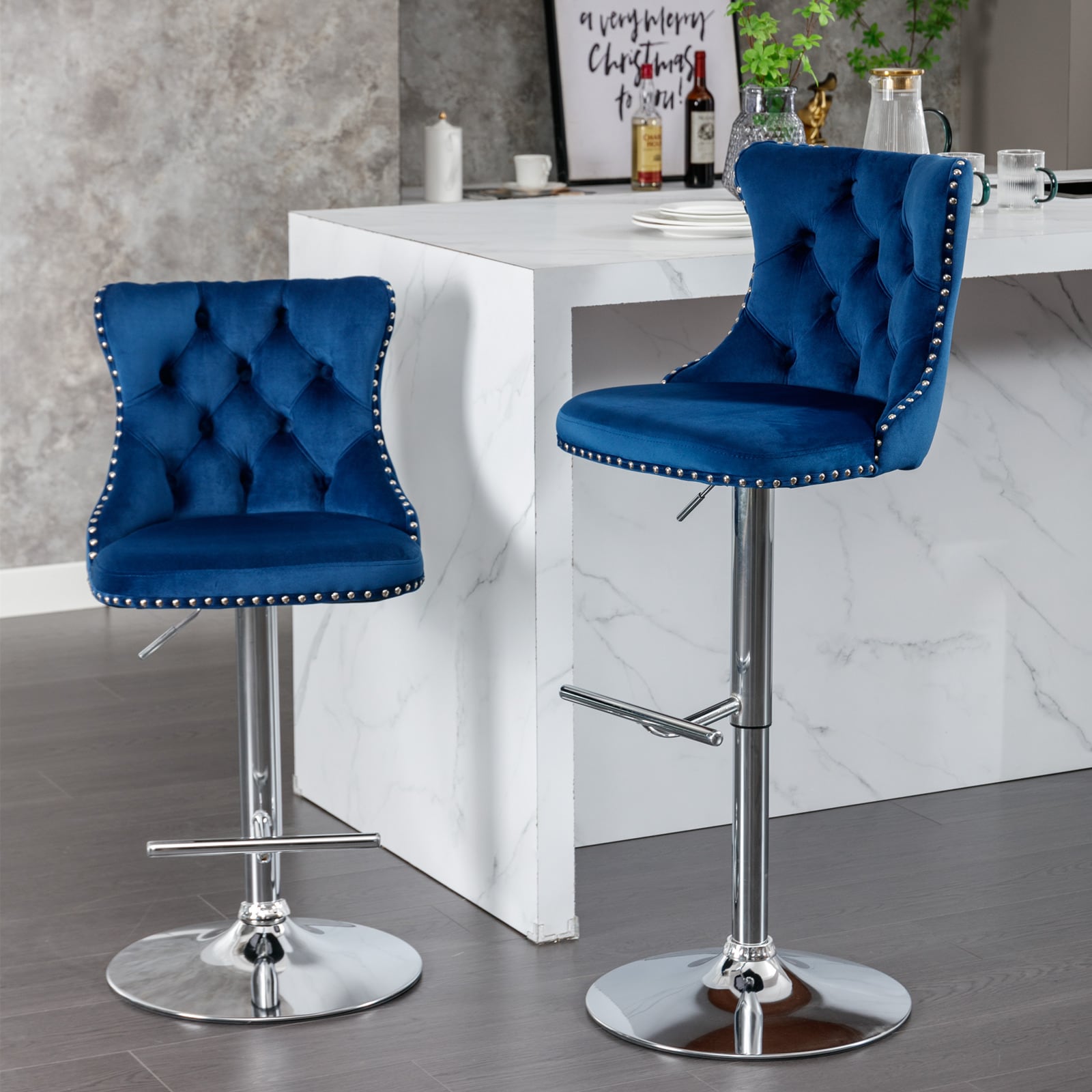 GDFStudio Set of 2 Hyland Swivel Velvet Barstools Adjustable Seat Height from 25-33 Inch Chrome Base Bar Stools with Backs Comfortable Tufted for Home Pub and Kitchen Island Blue