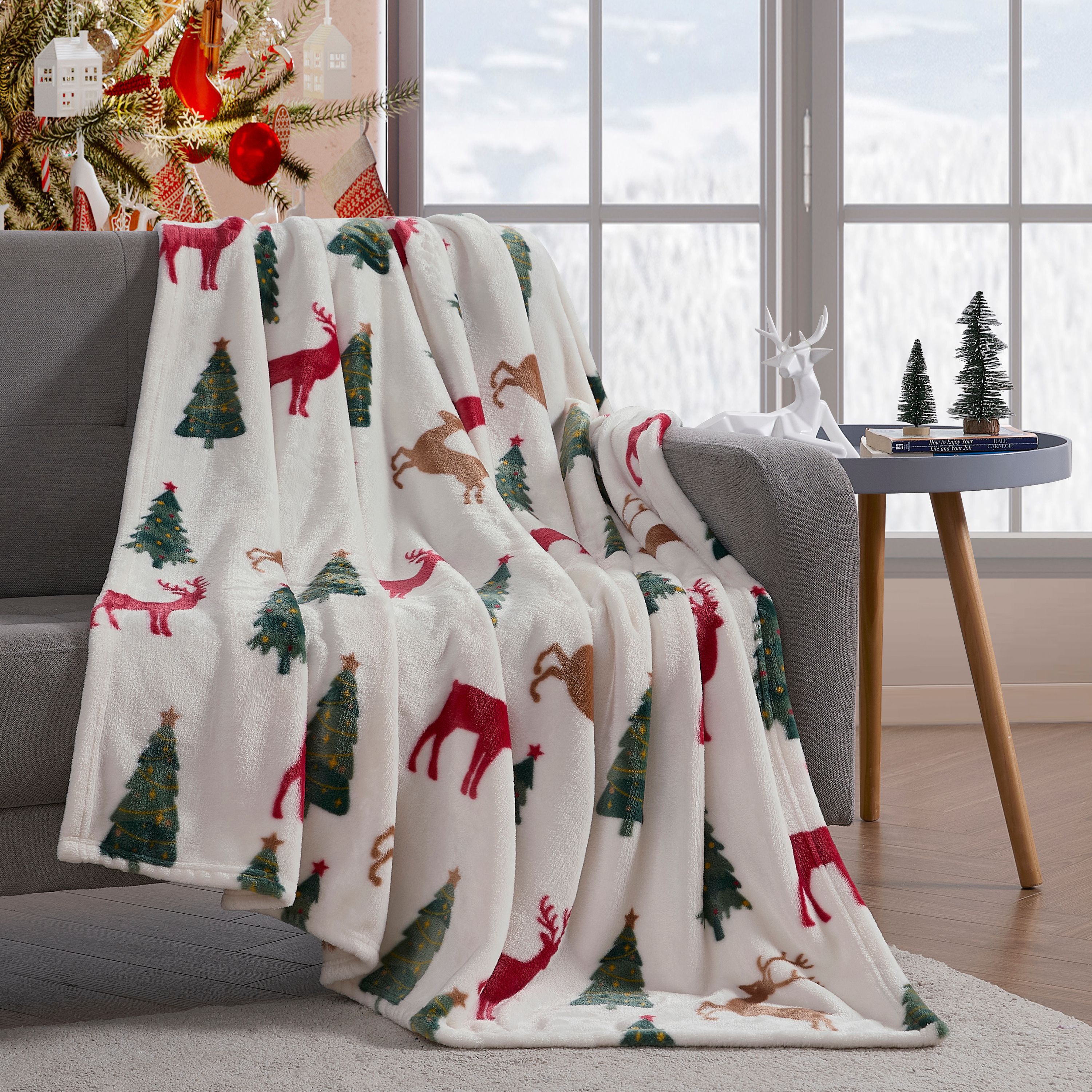 KATE AURORA Christmas Tis' The Season Trees and Reindeer Ultra Soft and Plush Accent Throw Blanket 50 in x 60 in