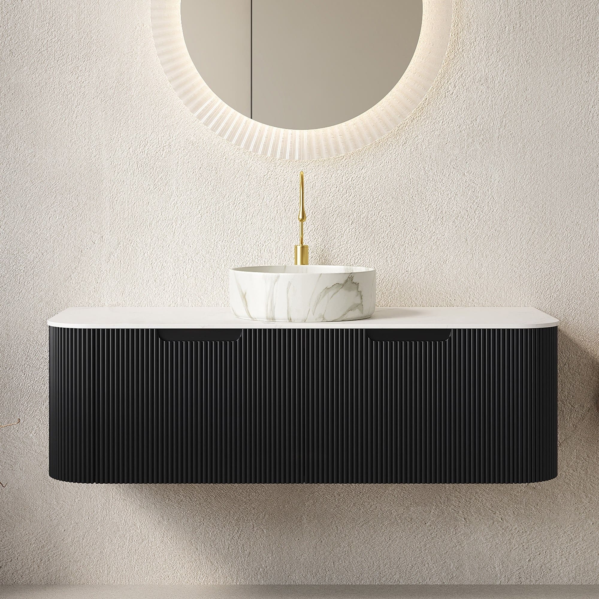 IAK 48 inch Black Floating Curved Edges Striped Storage Bathroom Vanity with Sink and Carrara White Sintered Stone Top