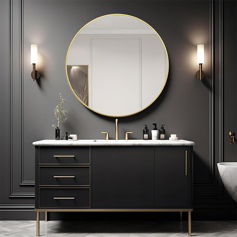 Blisstyle ZZZ1702UHTEUY PREMIUM 42-in x 42-in Polished Round Bathroom Vanity Mirror ( Gold )
