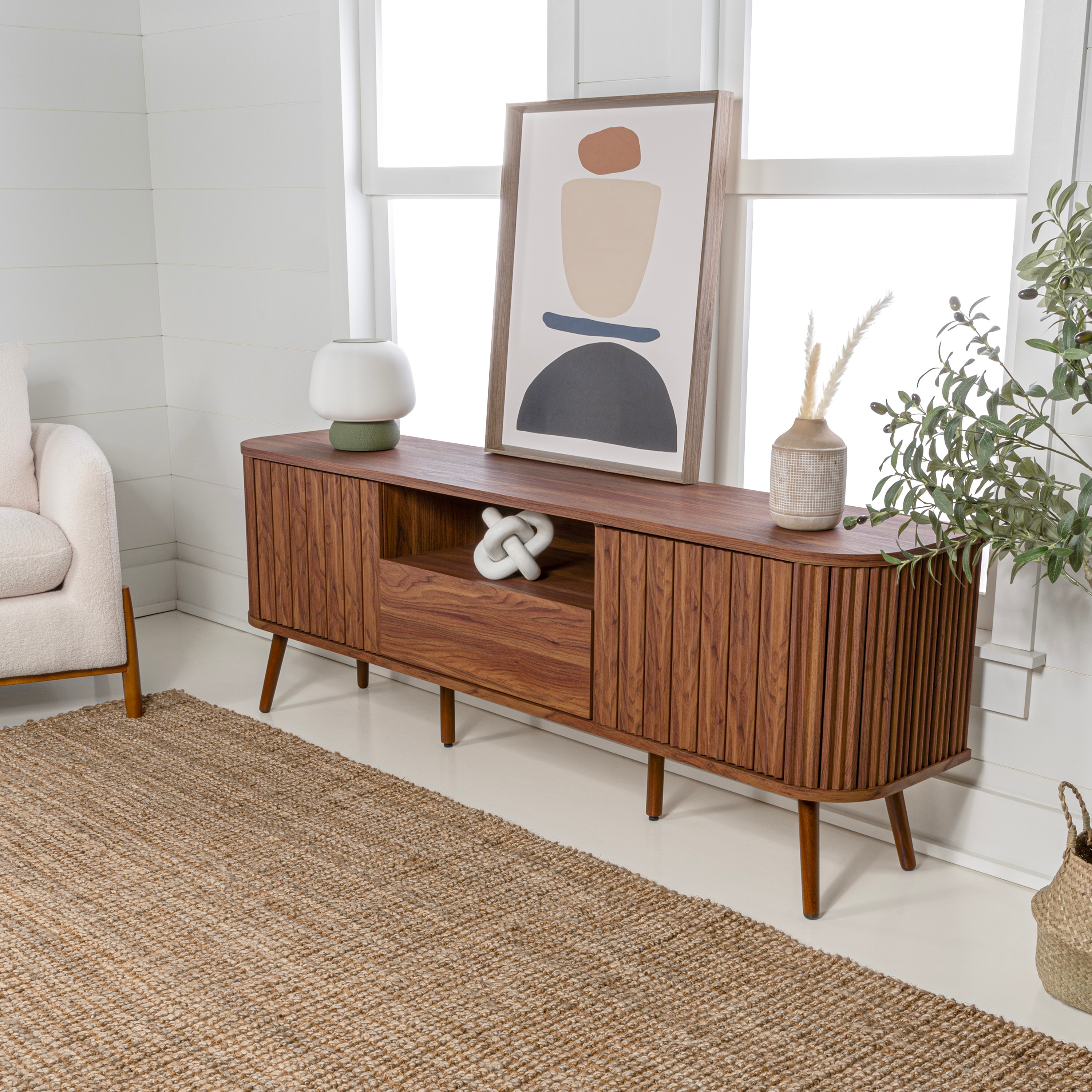 JONATHAN  Y TVS1001B Damien 70-in Curved with Drawer and Storage Doors Coastal Farmhouse/Rustic Walnut TV stand ( Accommodates TVs more than 70-in )