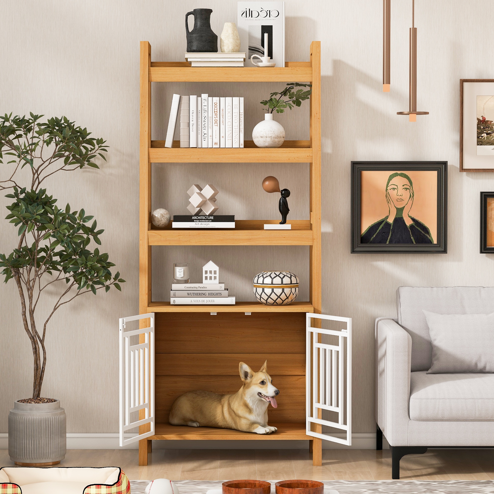 ModernLuxe L3P-N843P256446W Modern 2 IN 1 Dog Furniture Dog Crate Ladder Bookshelf Tall Wood Display Shelf  with Storage Dog Kennel Bookcase