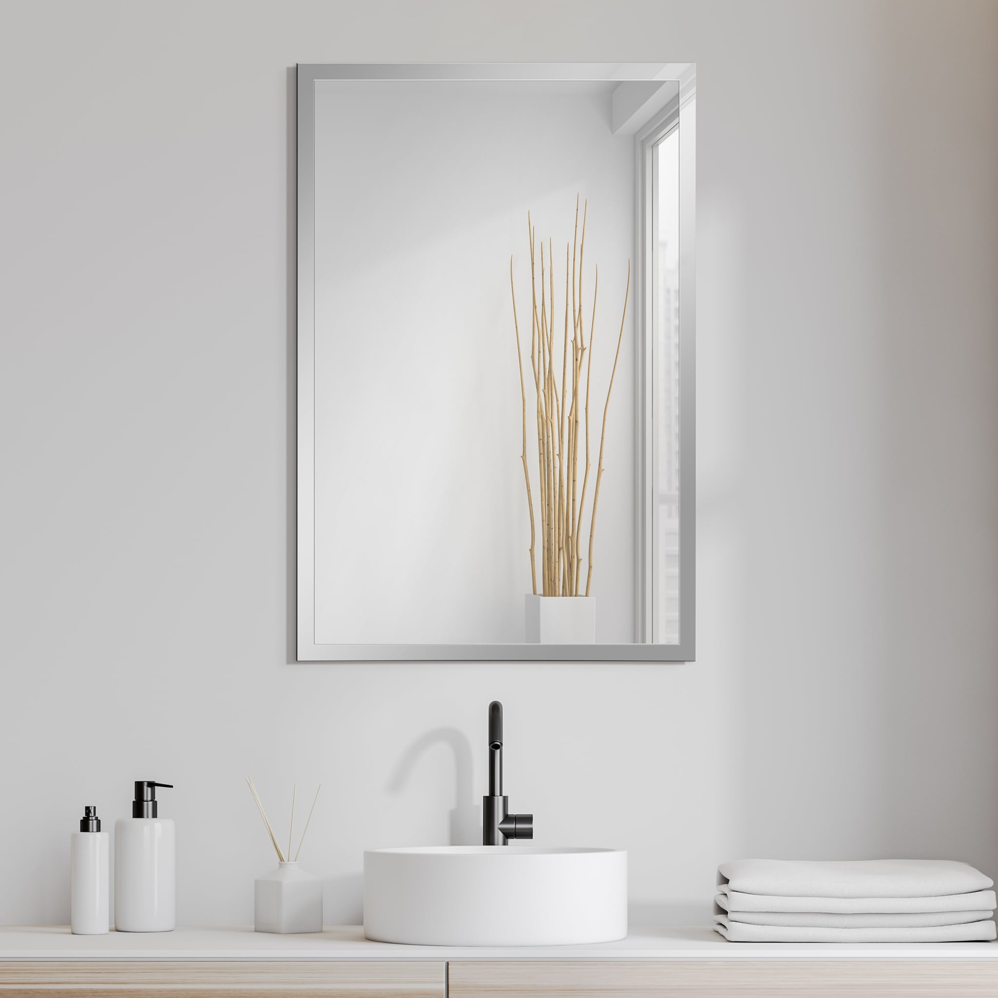 Empire Art Direct Stainless Steel Silver Glass Wall Mirror 24-in W x 36 ...