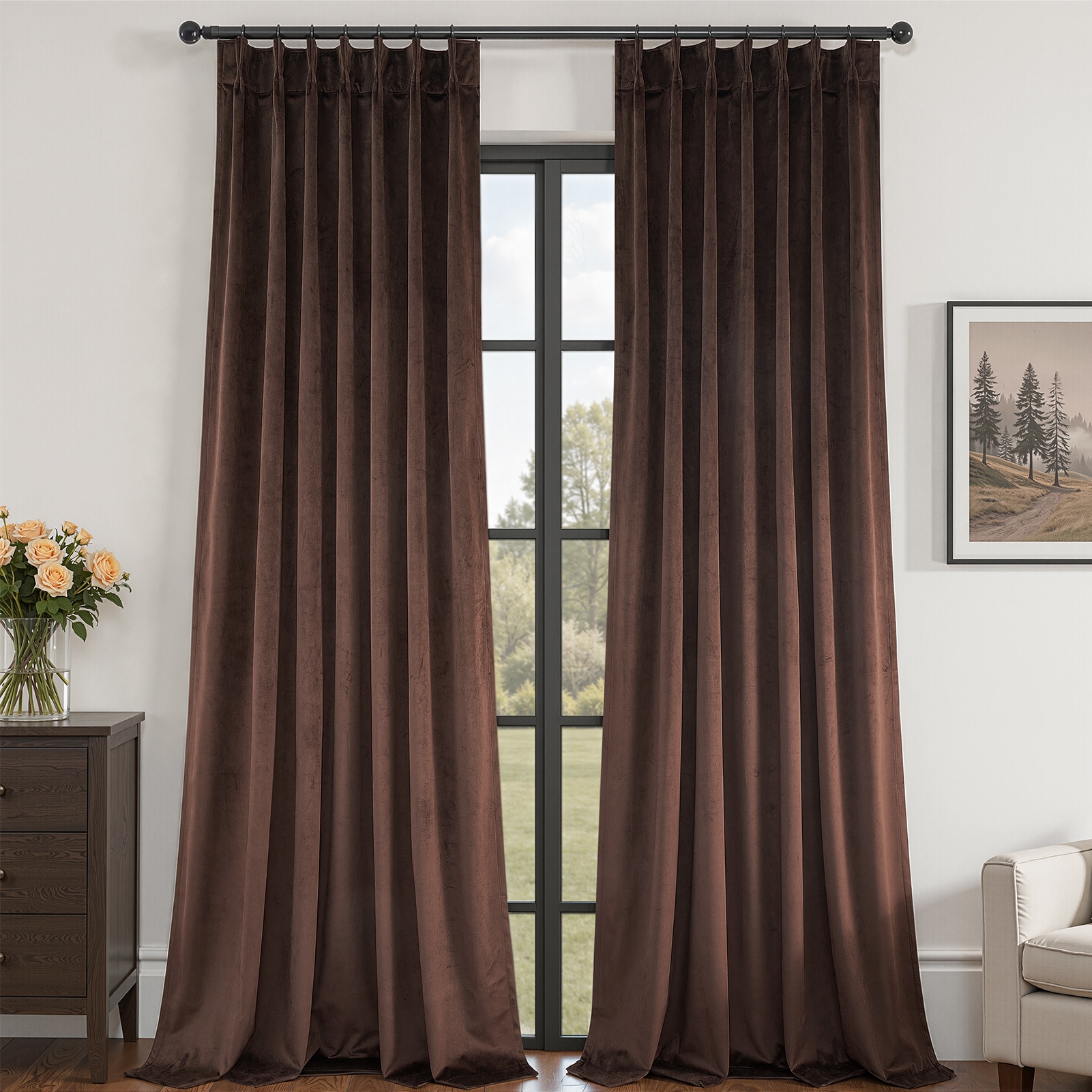 Topfinel  84-in Brown Velvet Blackout Pinch Pleated Curtain panel pair