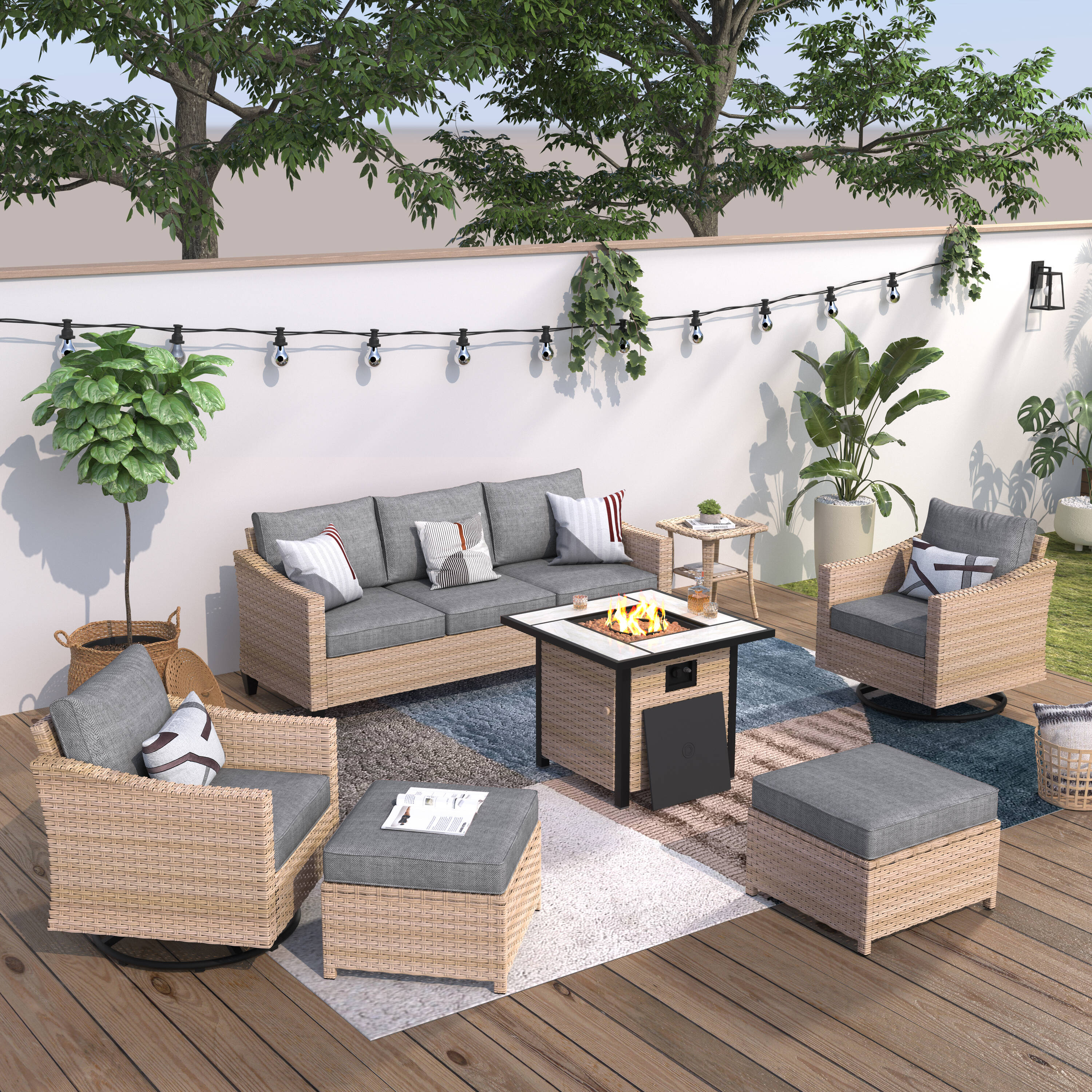 XIZZI XIMW404-8RC Aries 7 -Piece Wicker Patio Sofa Conversation Set with Gray Cushions