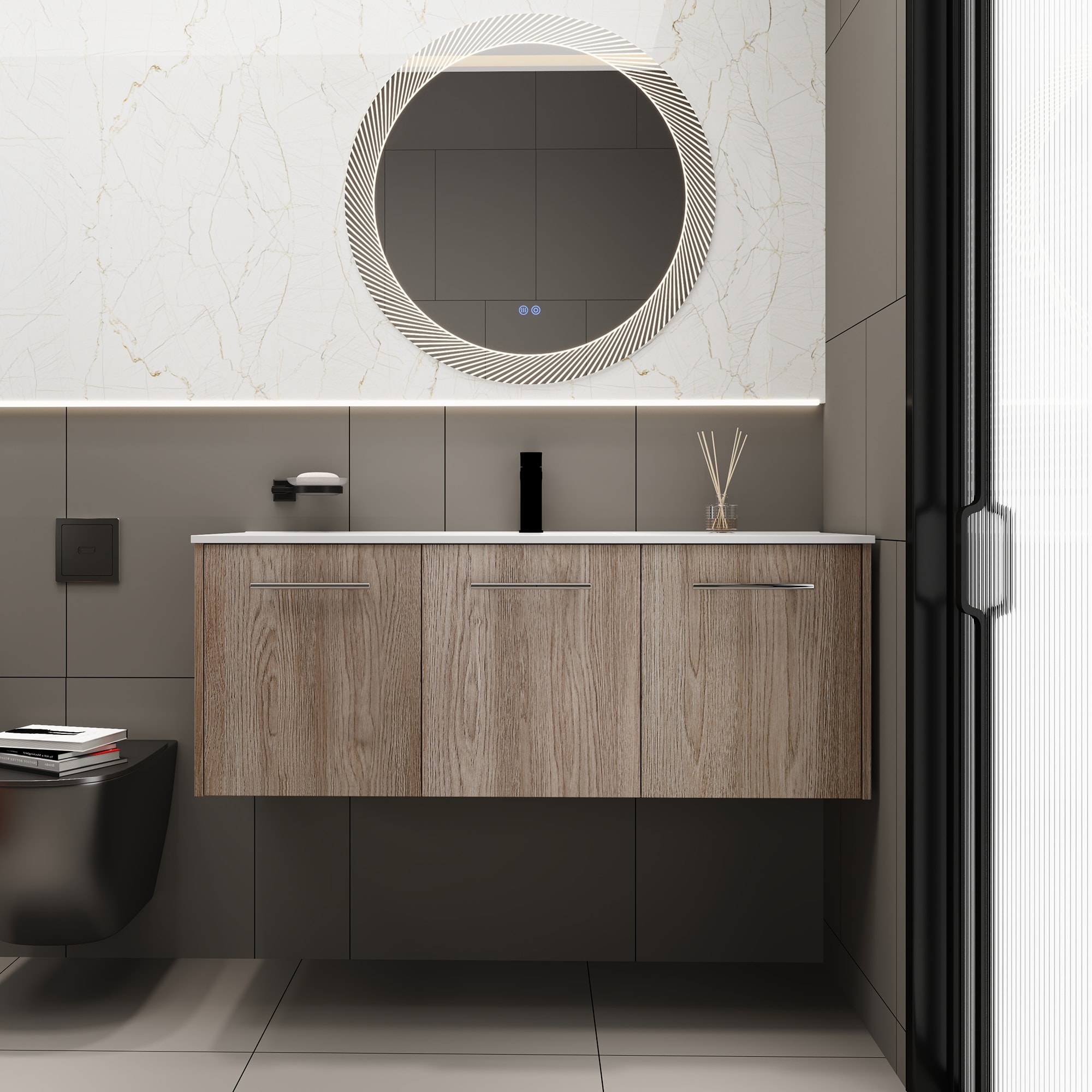 Forclover QNM-0736-MGG Floating Soft-Closing 48-in White Oak Single Sink Floating Bathroom Vanity with White Acrylic Top