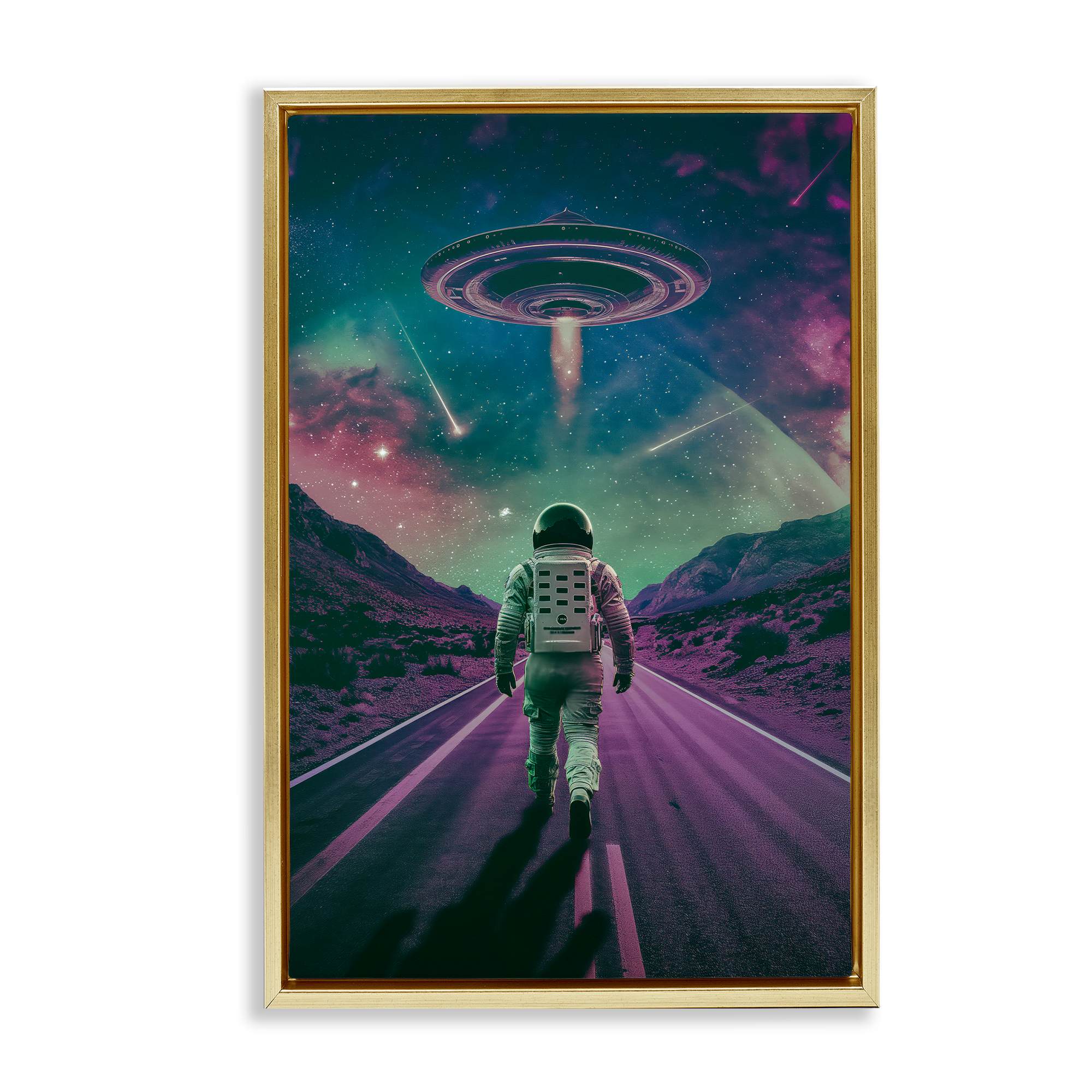 Stupell Industries BT-296-FFG-16X24 Alien Spaceship over Astronaut Gold Framed Floater Canvas Wall Art By Wumples 17 x 25