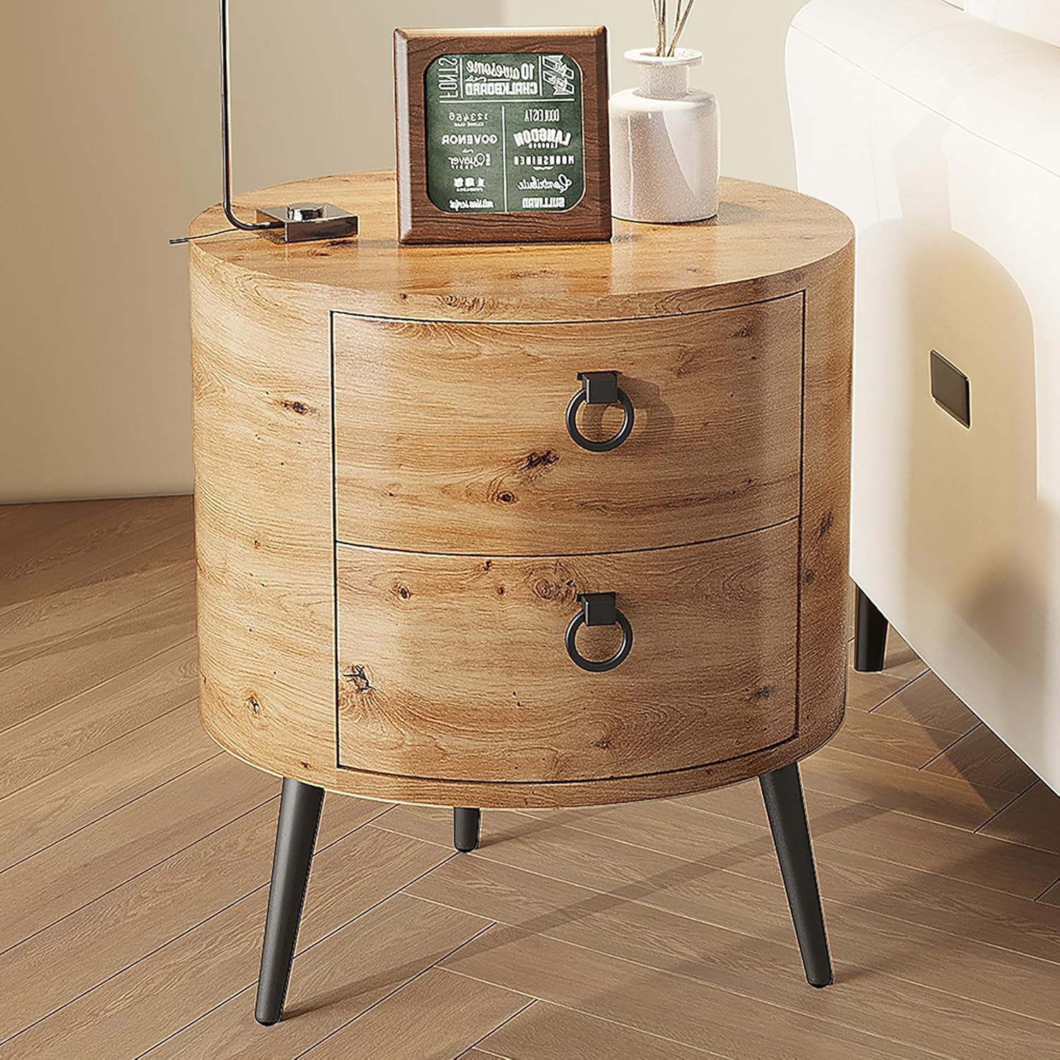 Qeetex LHF-BZ-PHO-346UMJ4V Round Side Table with Drawers Modern Night Stand with Storage Wooden Accent End Table Circle Bedside Table with Metal Legs for Living Room Bedroom (Natural)