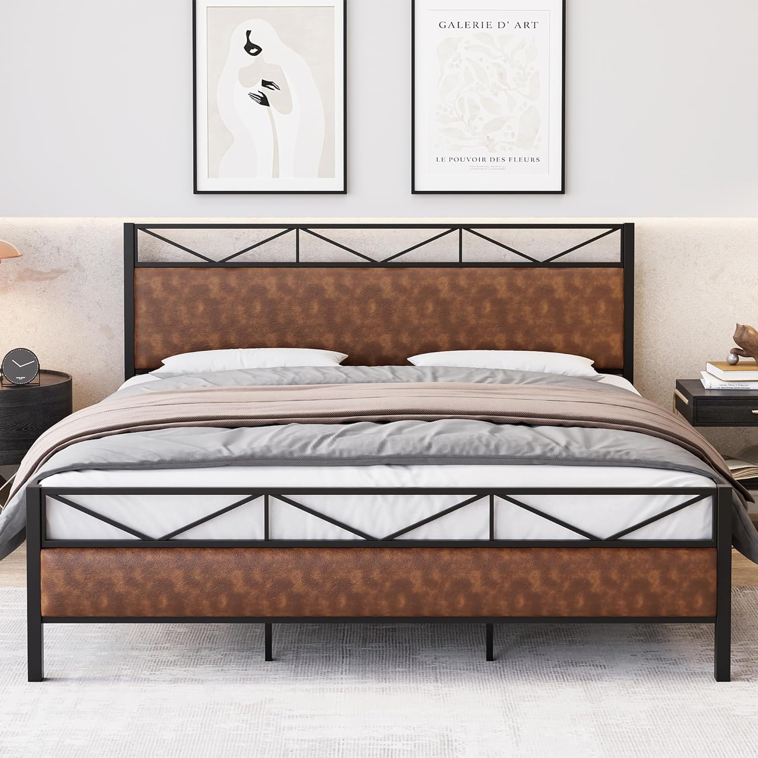 Qeetex LHF-BED-PHO-0YJHZC0A King Size Bed Frame with PU Leather Headboard and Footboard Upholstered Platform Bed with 14 Strong Metal Slats 11inch Under-Bed Storage Noise-Free Easy Assembly Brown