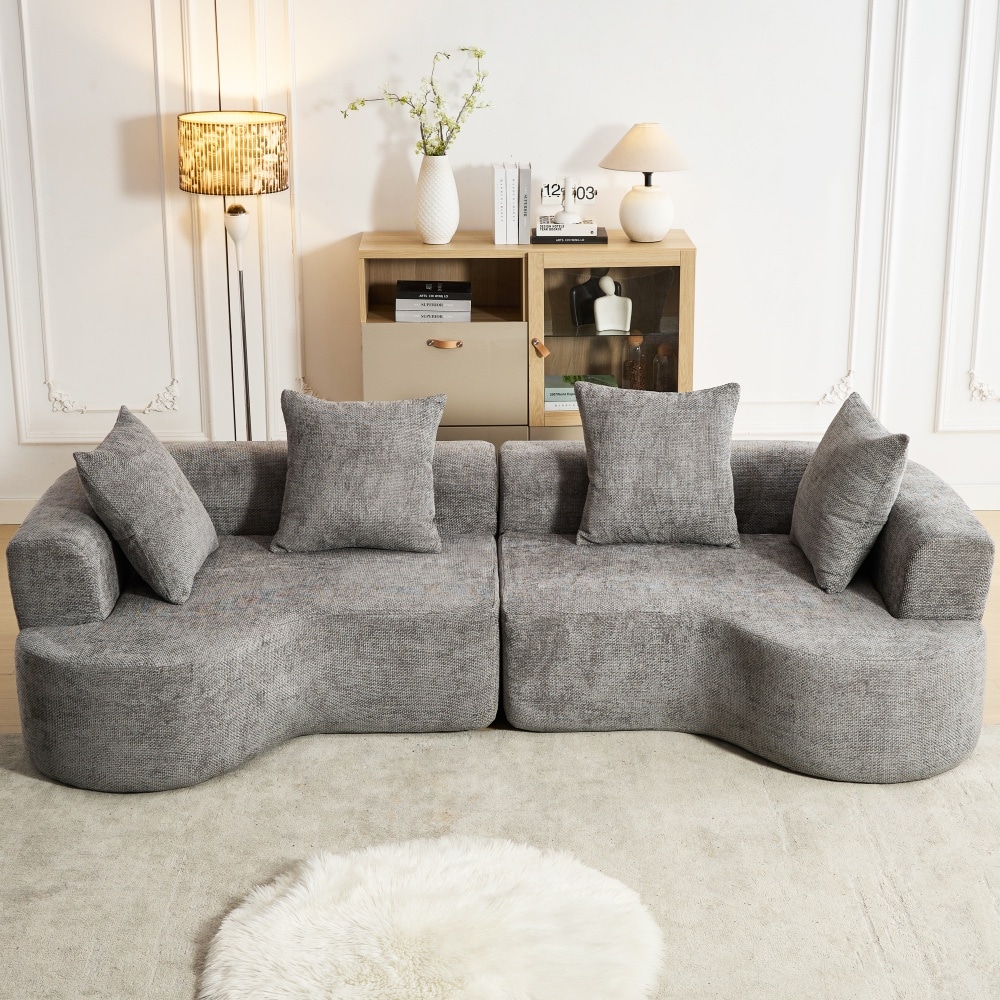 DYHOME HKSFBYH-GY Gray 4 Seater Sofa Modern Curved Sofa for Living Room Sectional Couch with 4 Pillows Compressed Sofa Chenille Fabric for Living Room Apartment Bedroom No Assembly Required