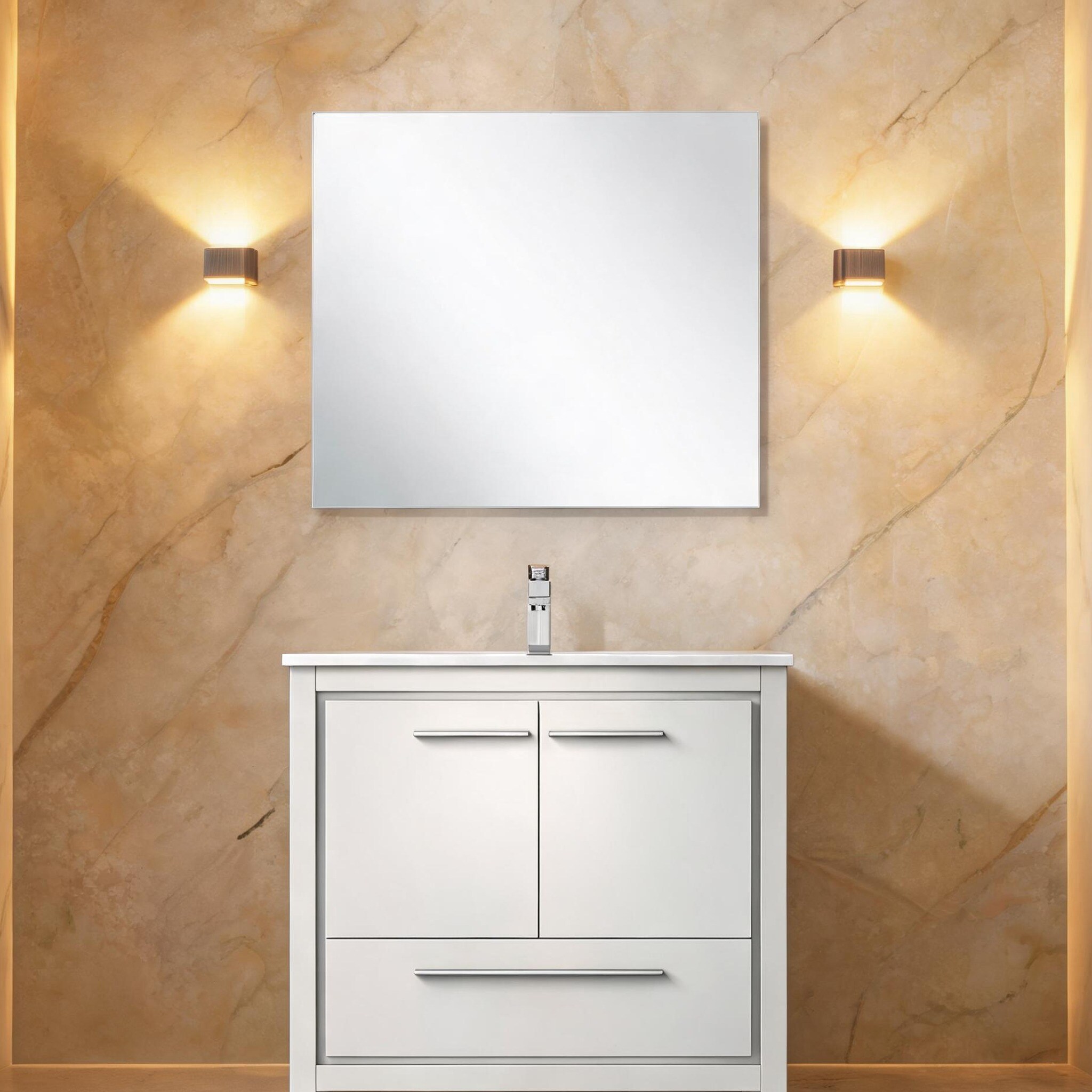 SunJet - Cultured Marble-Top White Bathroom Vanity with Integrated Sink Chrome Faucet and Framed ...