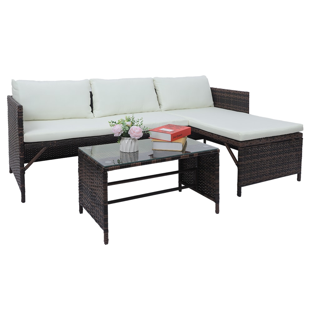 Winado 391537823485 3 -Piece Wicker Patio Conversation Set with White Cushions