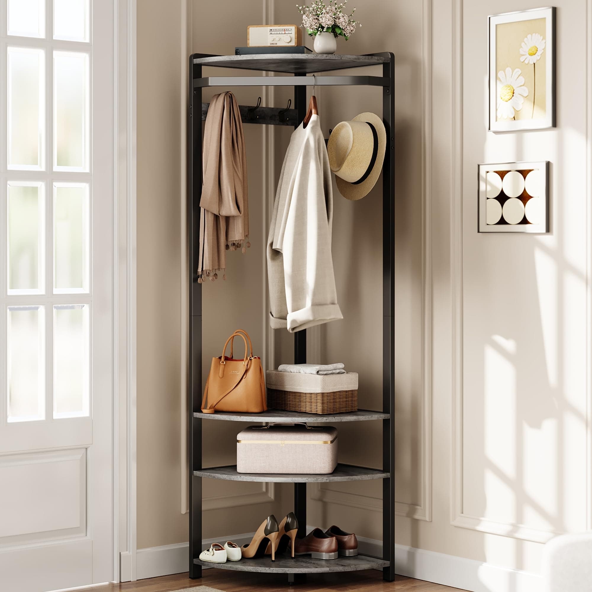 Garvee Corner Hall Tree with Shoe Bench and 6 Double Hooks Space Saving Entryway Corner Coat Rack with Storage Organizer and Shelf Multi Functional Hallway Storage Tree for Entryway Hallway Gray