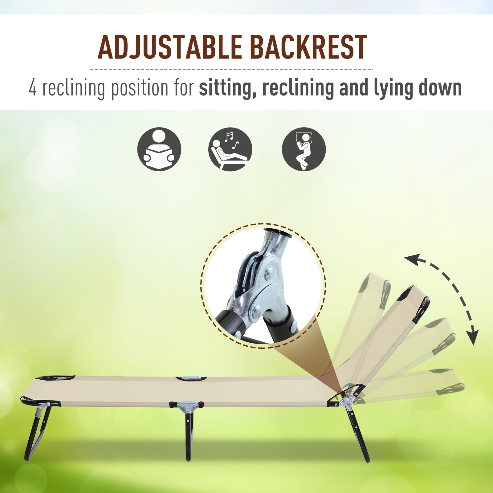Beige Foldable Outdoor Chaise Lounge Chair with Steel Frame