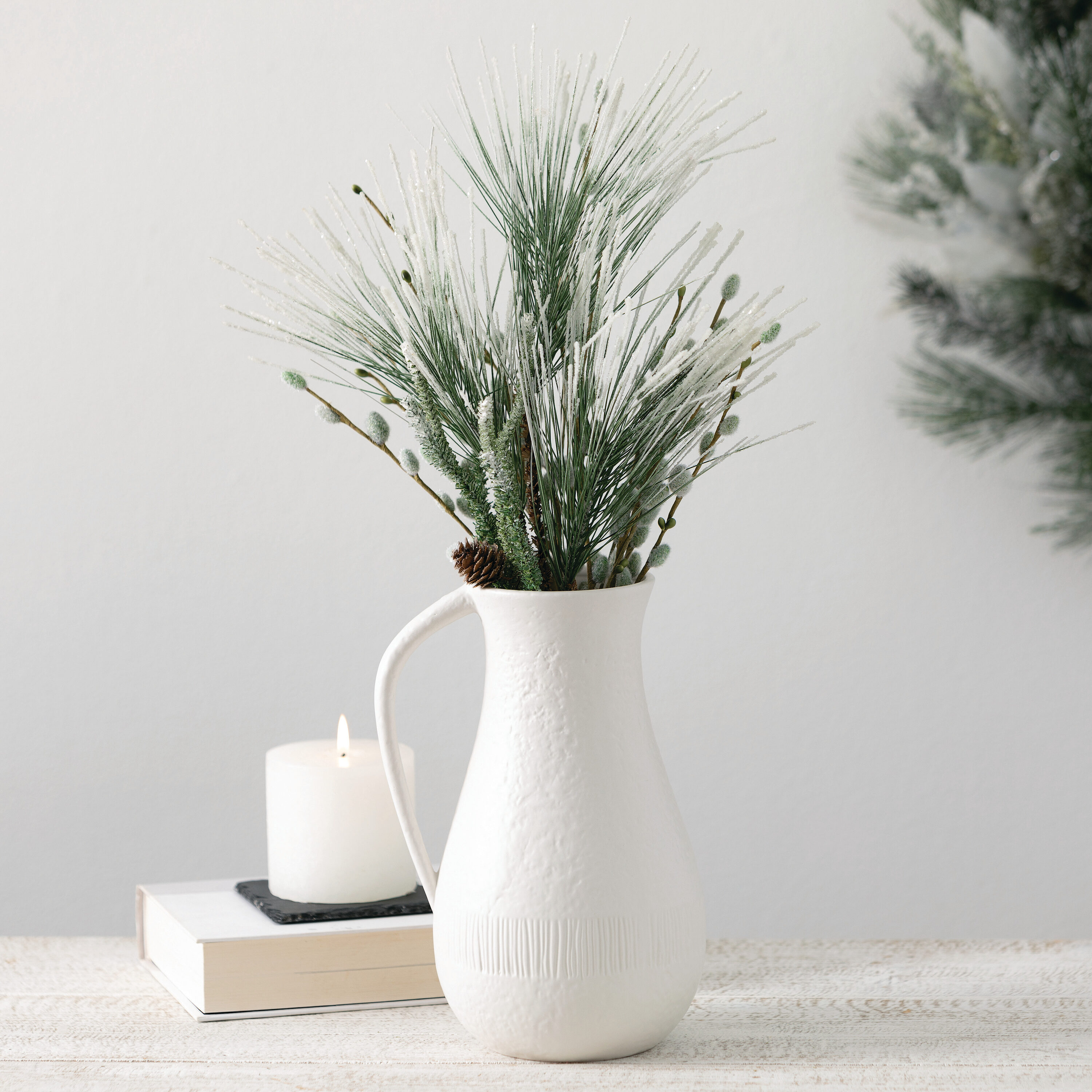 White Textured Ceramic Pitcher Vase with Handle