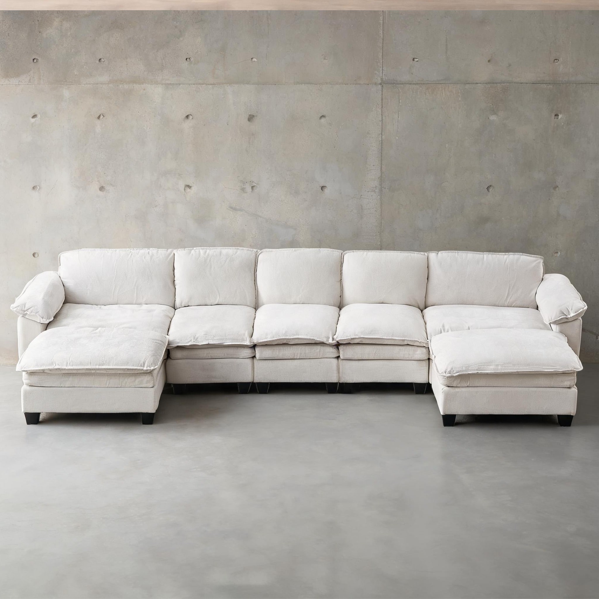 SUNCREAT Soft Chenille U-Shape Four-Seat Sofa with Two Ottomans for Living Room Linen Beige