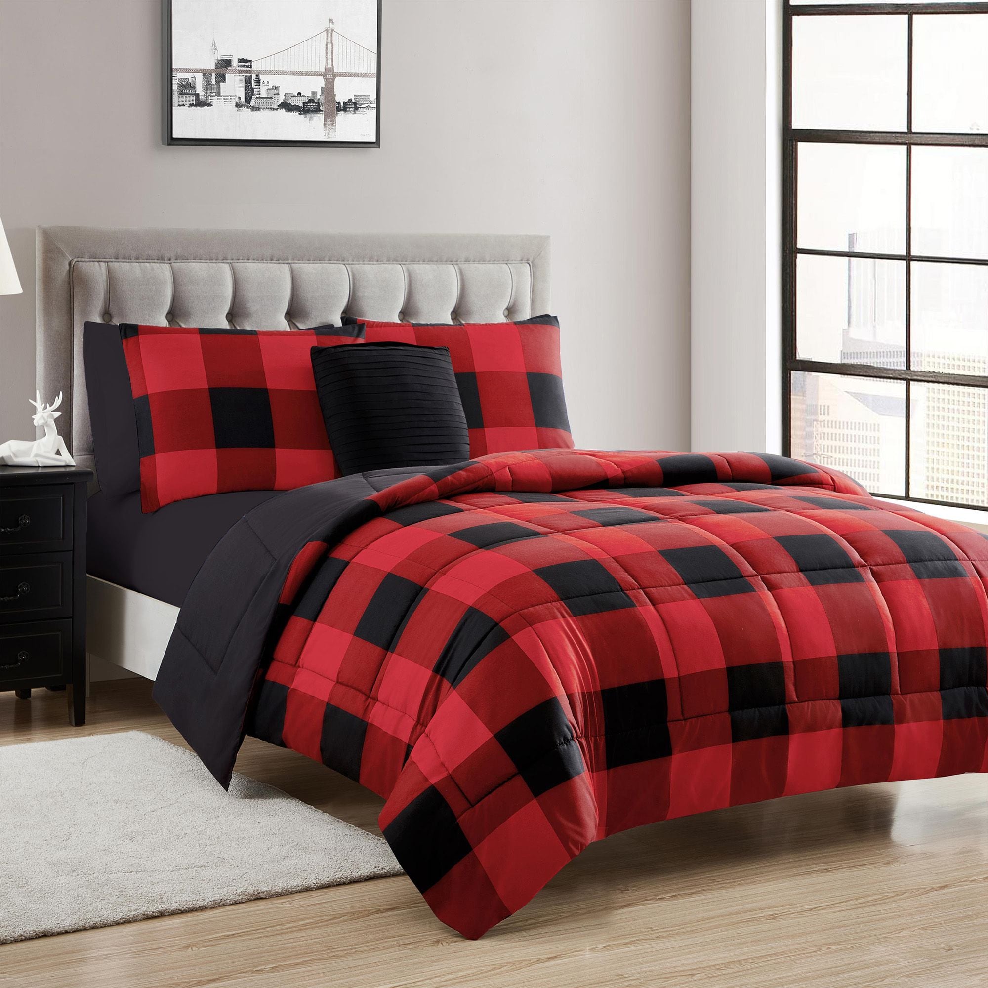 Sweet Home Collection 8 Piece Buffalo Plaid Bed in a Bag Comforter and Sheet Set King Black Red