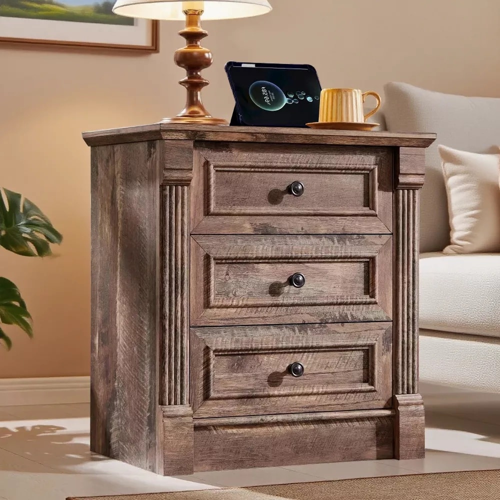 OKD - Nightstand with Charging Station and 3 Drawers Farmhouse 23.6in Wide Nightstands with Roman...