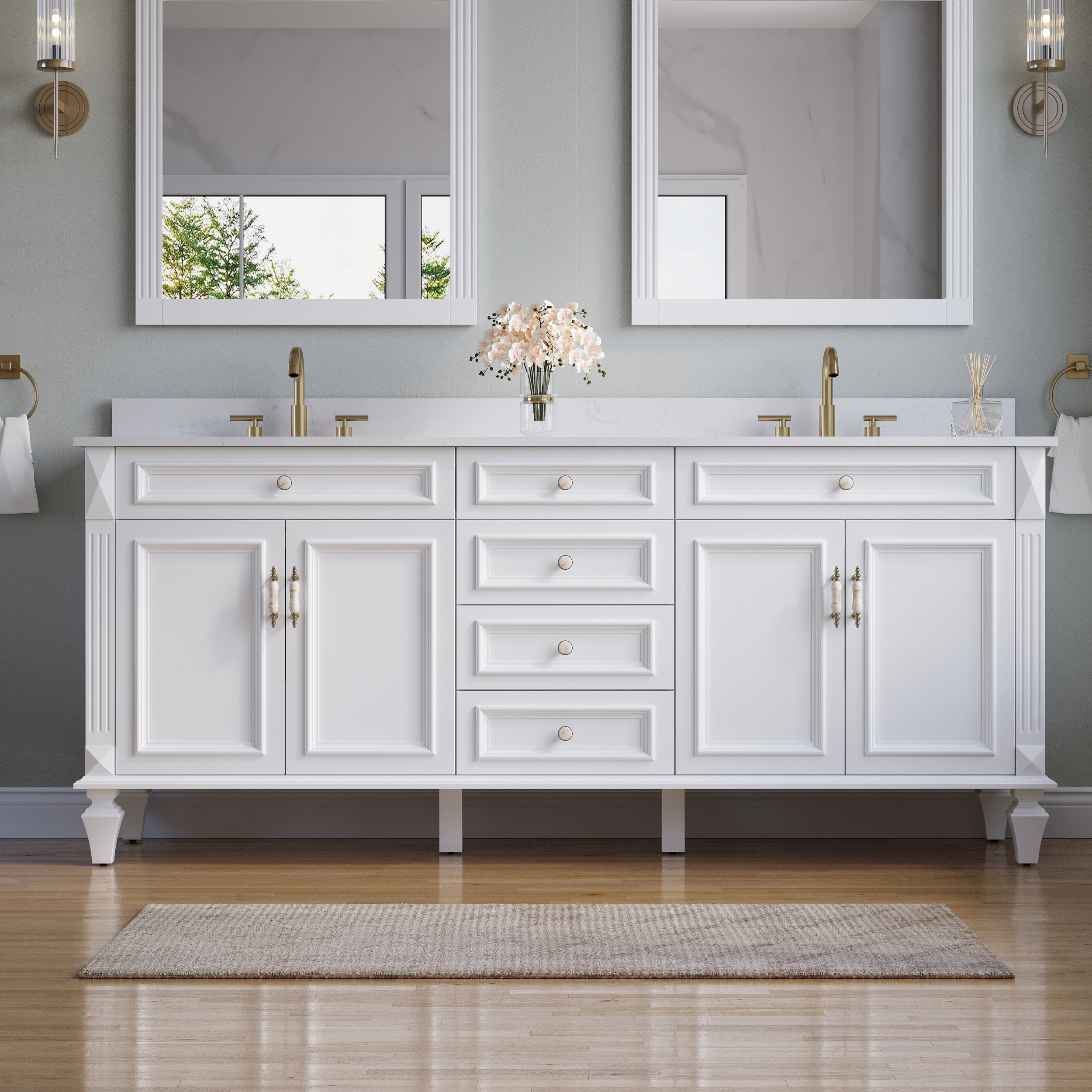 Forclover - Solid Wood Bath Vanity 80-in White Undermount Double Sink Bathroom Vanity with White ...