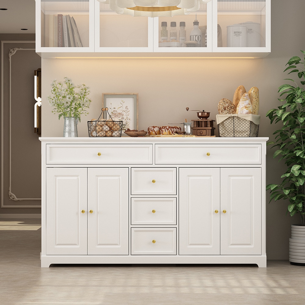 Homsee  White Wooden Sideboard with 5 Drawers and 4 Doors Large Buffet Storage Cabinet with Adjustable Shelves 59.1''L x 15.7''W x 33.5''H