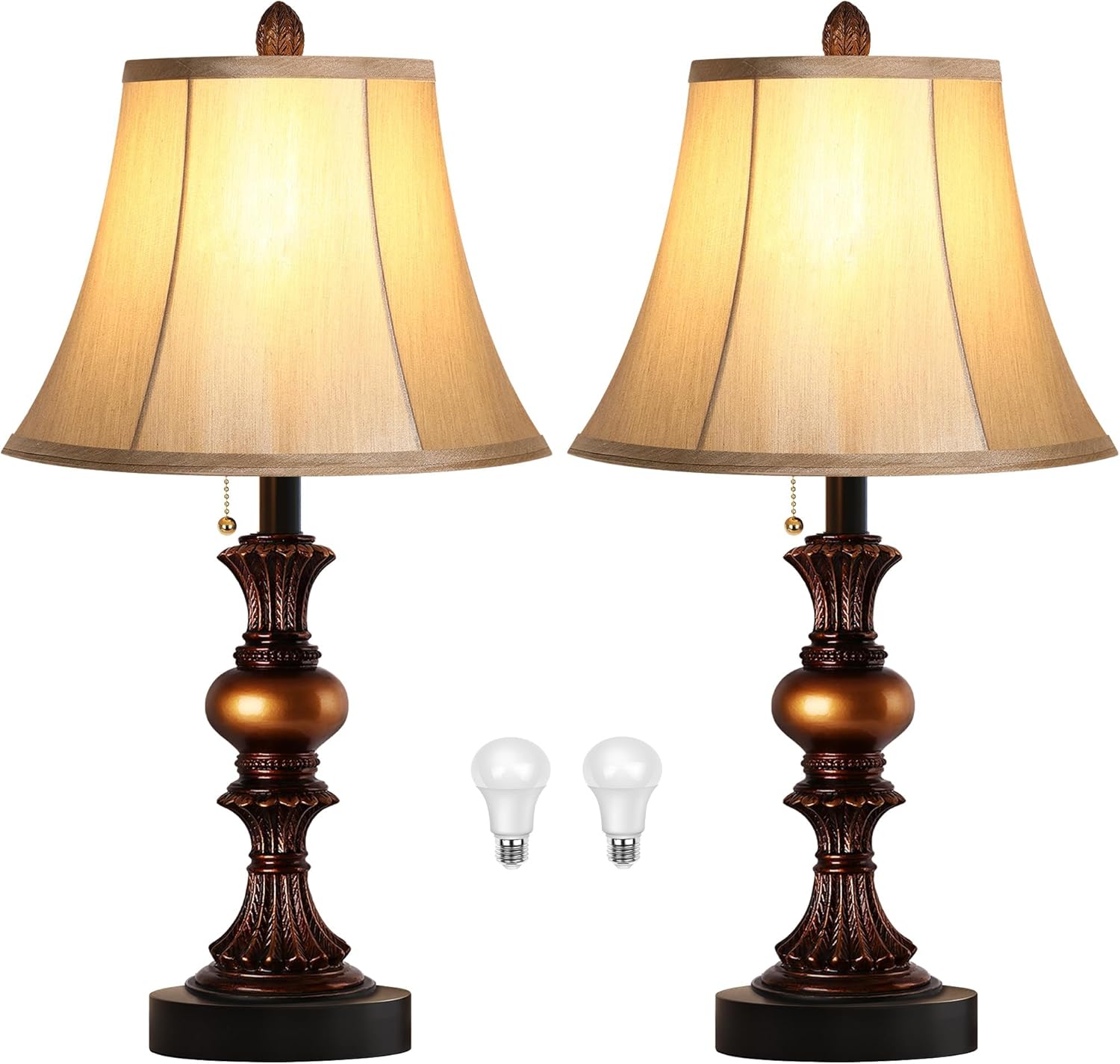 Bai Source TL255478 Touch Control Table Lamp Set of 2 Vintage Bedside Lamps with Dual USB Charging Ports 3 Way Dimmable Bronze Finish Desk Lamps with Bell Shape Faux Silk Shade for Living Room Bedroom