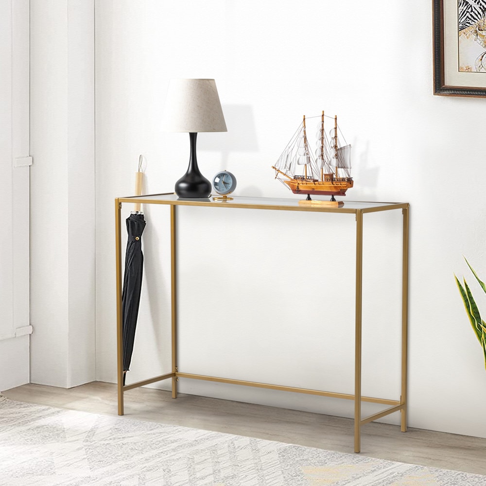 Winado Contemporary Golden Metal Frame Console Table with Clear Glass Top  and Storage Rack in the Console Tables department at