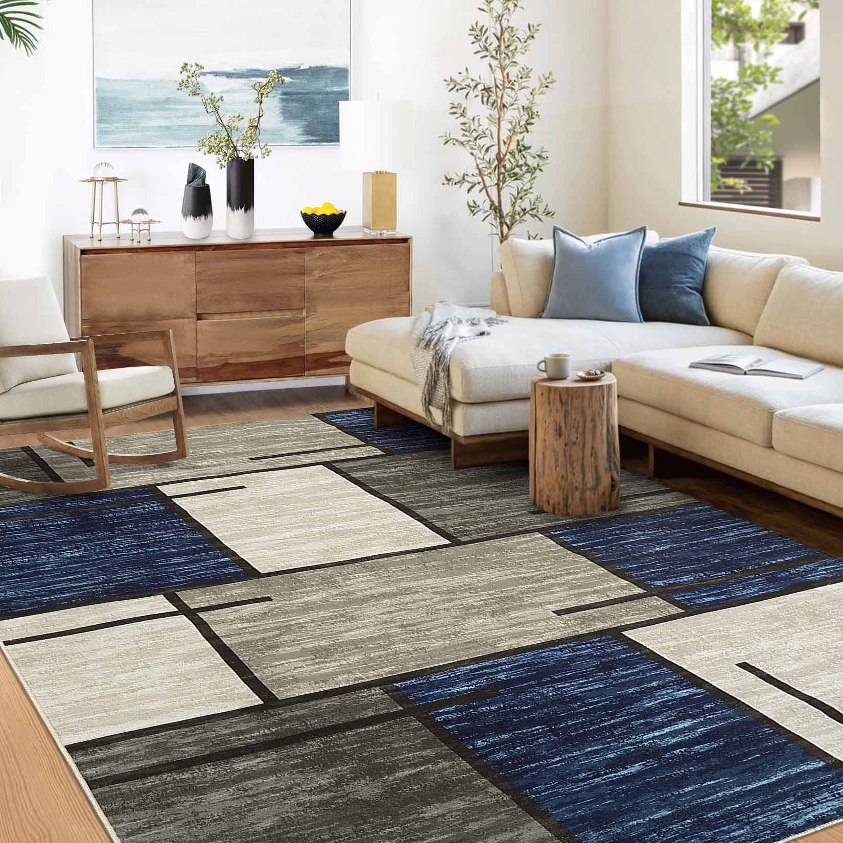 Garvee YXY-LO-PHO-14T2Q2RU 10 x 13 (ft) Loomed Polyester Blue Rectangular Indoor Geometric Mid-Century Modern Machine washable Area rug