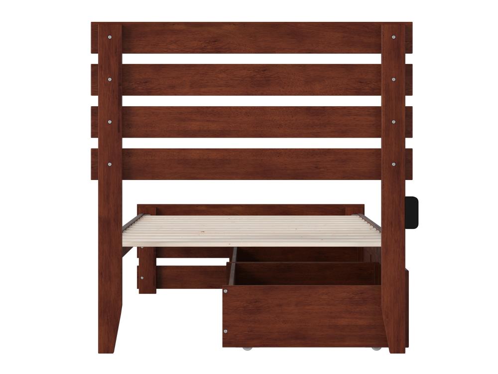 Walnut Twin Wood Platform Bed with Storage Drawers and USB Charger